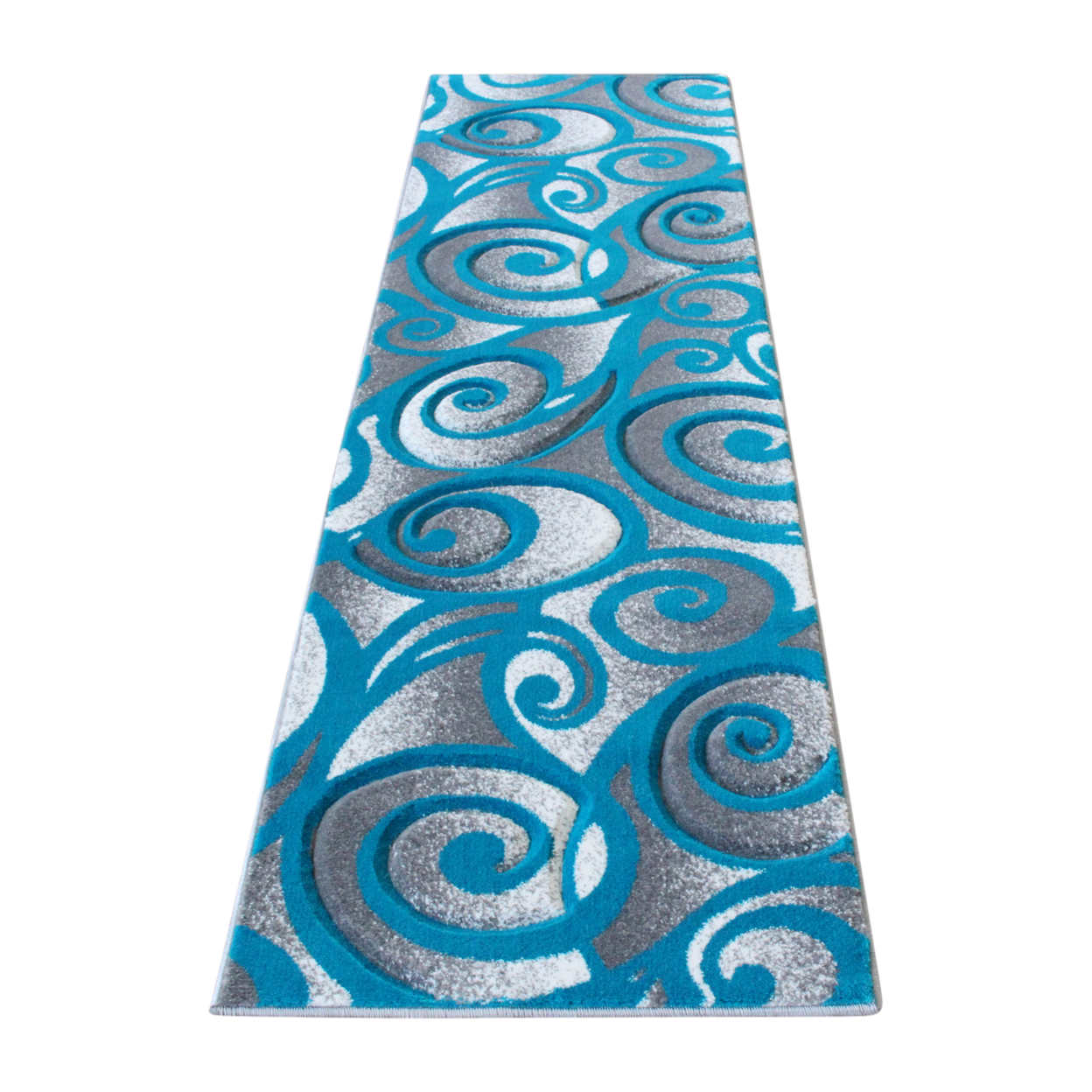 Willow Collection Modern High-Low Pile Swirled 2' X 7' Turquoise Area Rug - Olefin Accent Rug - Entryway, Bedroom, Living Room