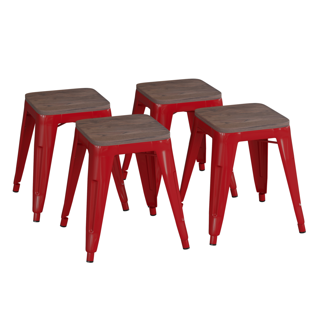 18 Backless Table Height Stool With Wooden Seat, Stackable Red Metal Indoor Dining Stool, Commercial Grade - Set Of 4