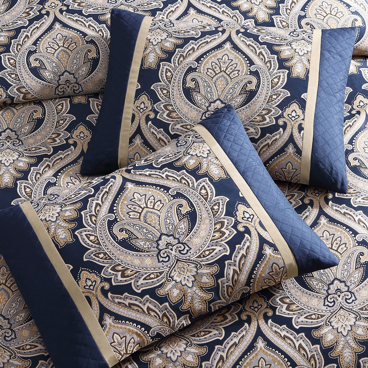 Nova 10 Piece Polyester King Comforter Set, Gold Damask Print, Navy Blue- Saltoro Sherpi