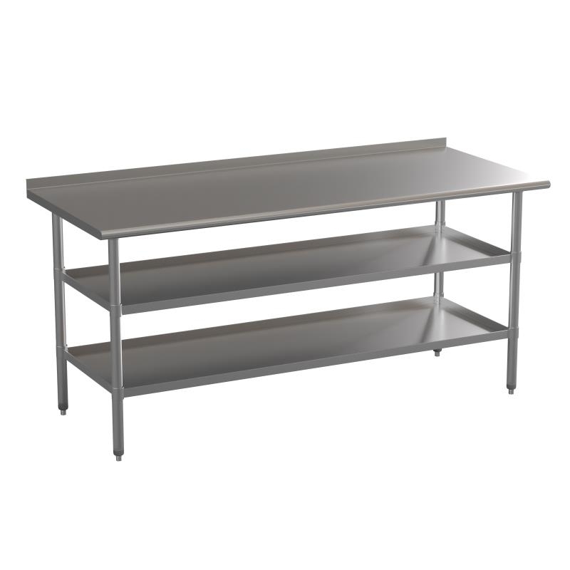 Stainless Steel 18 Gauge Work Table With 1.5 Backsplash And 2 Undershelves - 72W X 30D X 34.5H, NSF