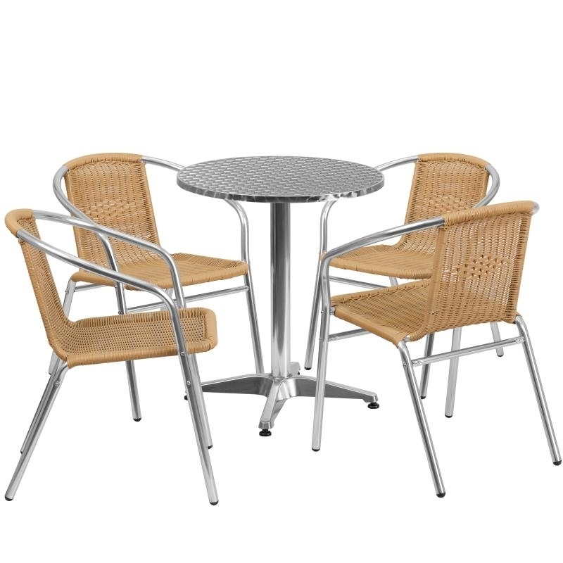 23.5'' Round Aluminum Indoor-Outdoor Table Set With 4 Beige Rattan Chairs