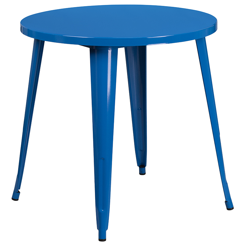 Commercial Grade 30 Round Blue Metal Indoor-Outdoor Table Set With 4 Vertical Slat Back Chairs