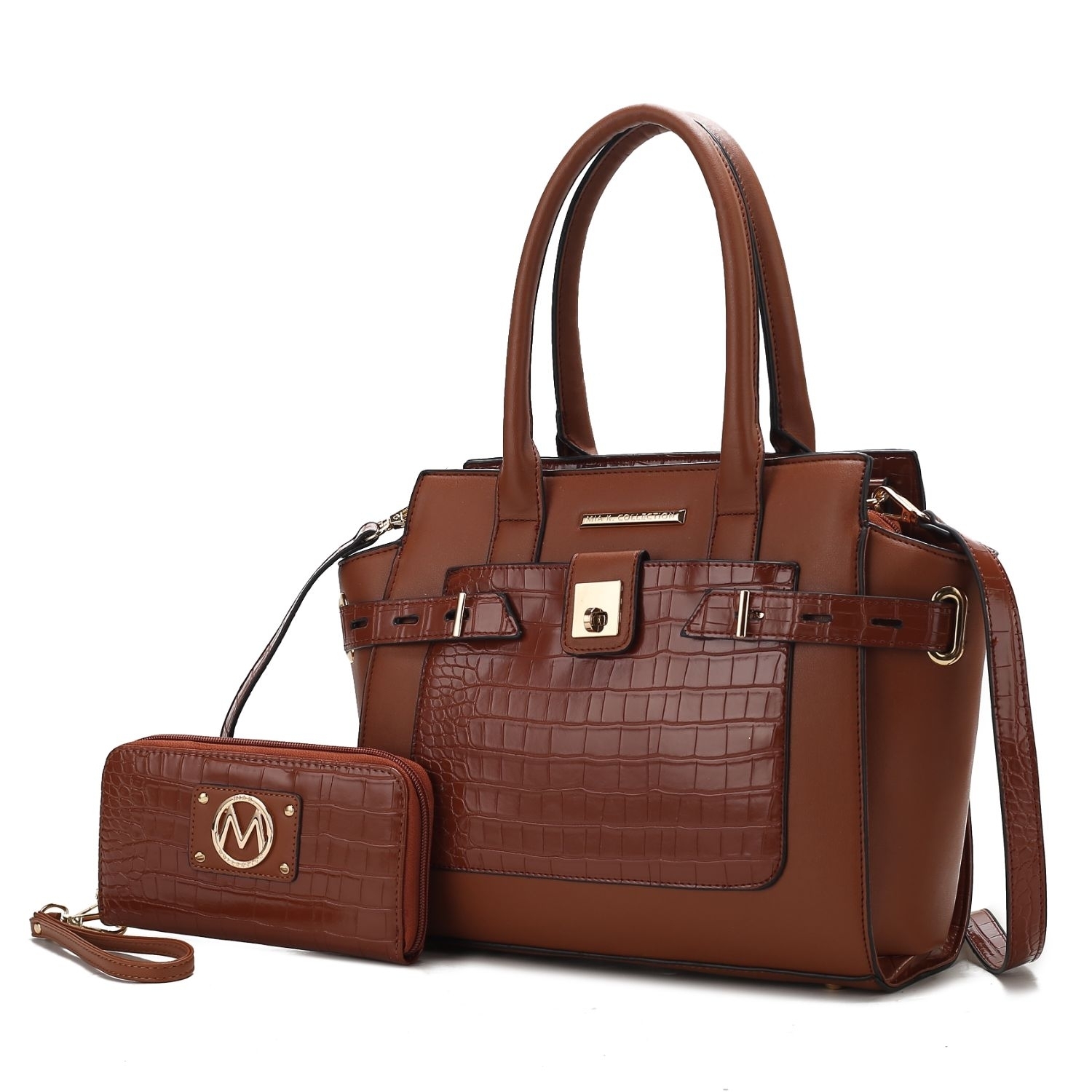 MKF Collection Isla Crocodile Embossed Vegan Leather Womens Satchel Bag By Mia K With Wallet -2 Pieces - Cognac