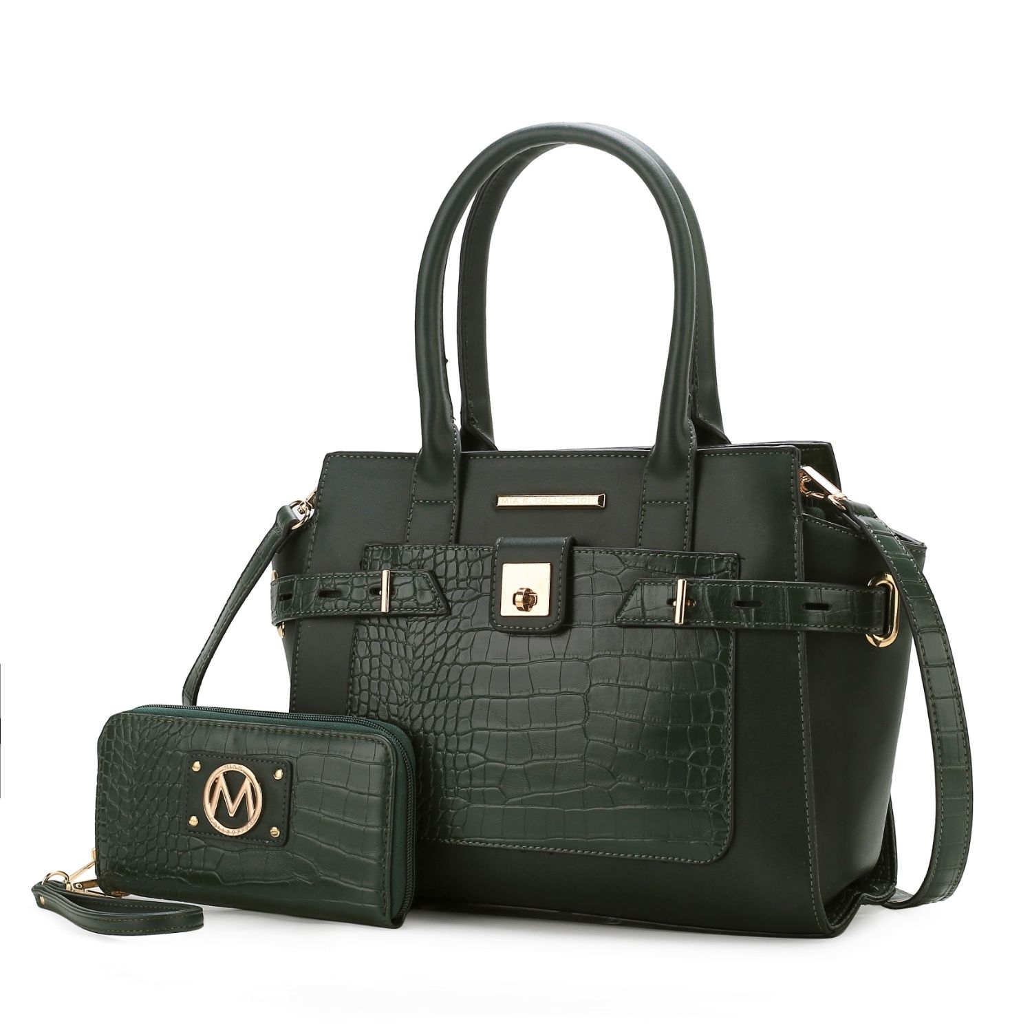 MKF Collection Isla Crocodile Embossed Vegan Leather Womens Satchel Bag By Mia K With Wallet -2 Pieces - Forest Green