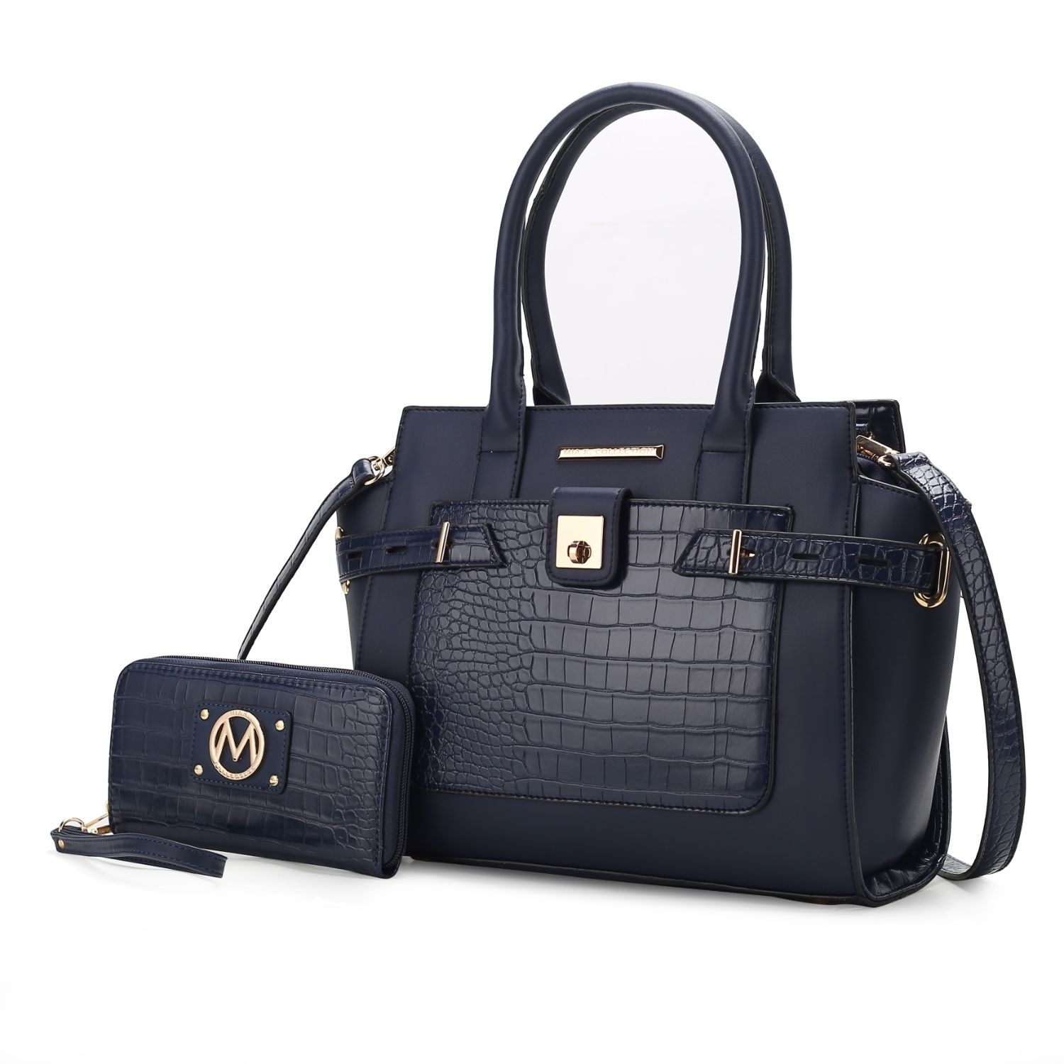 MKF Collection Isla Crocodile Embossed Vegan Leather Womens Satchel Bag By Mia K With Wallet -2 Pieces - Navy