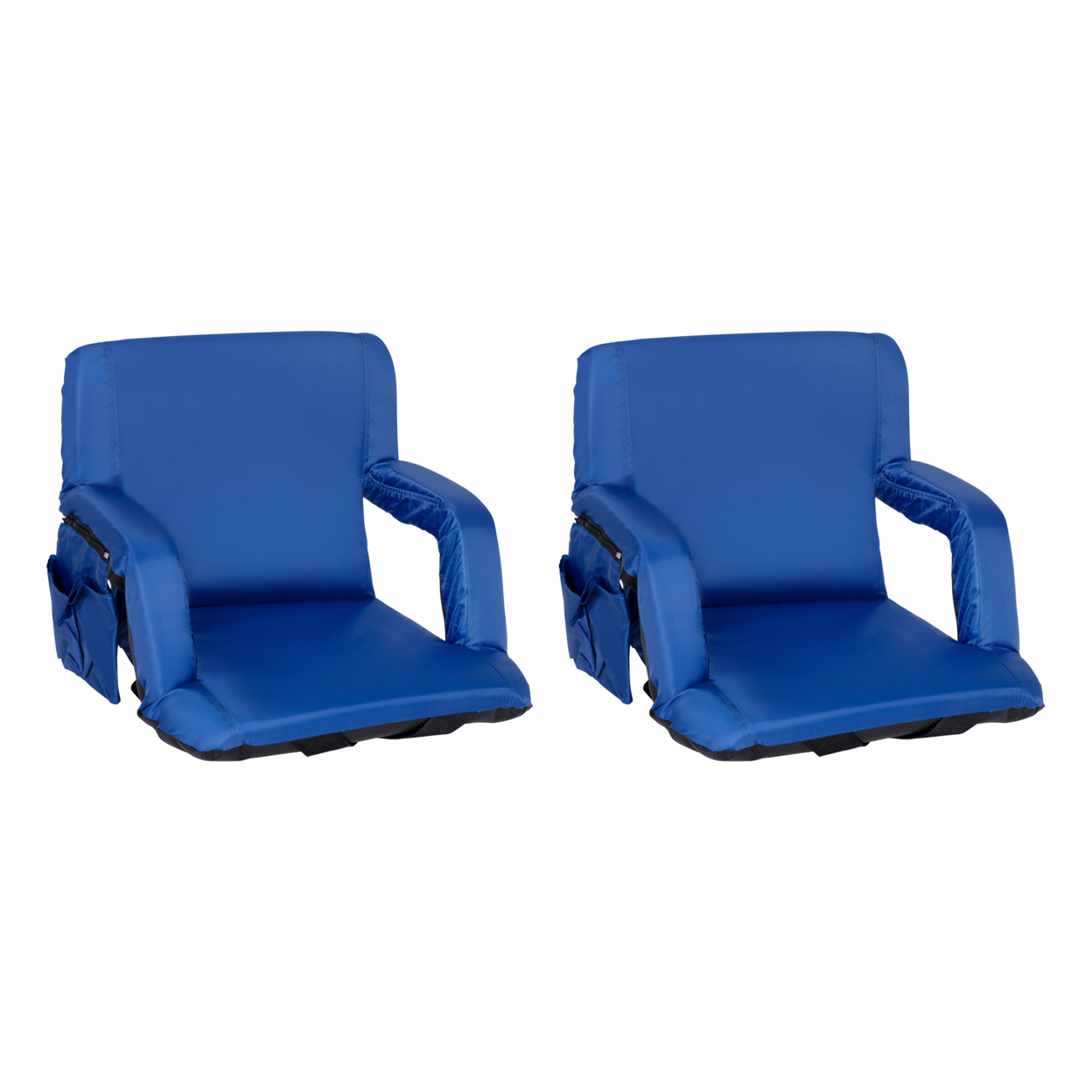 Set Of 2 Blue Portable Lightweight Reclining Stadium Chairs With Armrests, Padded Back & Seat - Storage Pockets & Backpack Straps