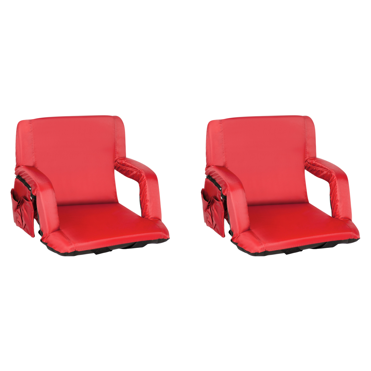 Set Of 2 Red Portable Lightweight Reclining Stadium Chairs With Armrests, Padded Back & Seat - Storage Pockets & Backpack Straps