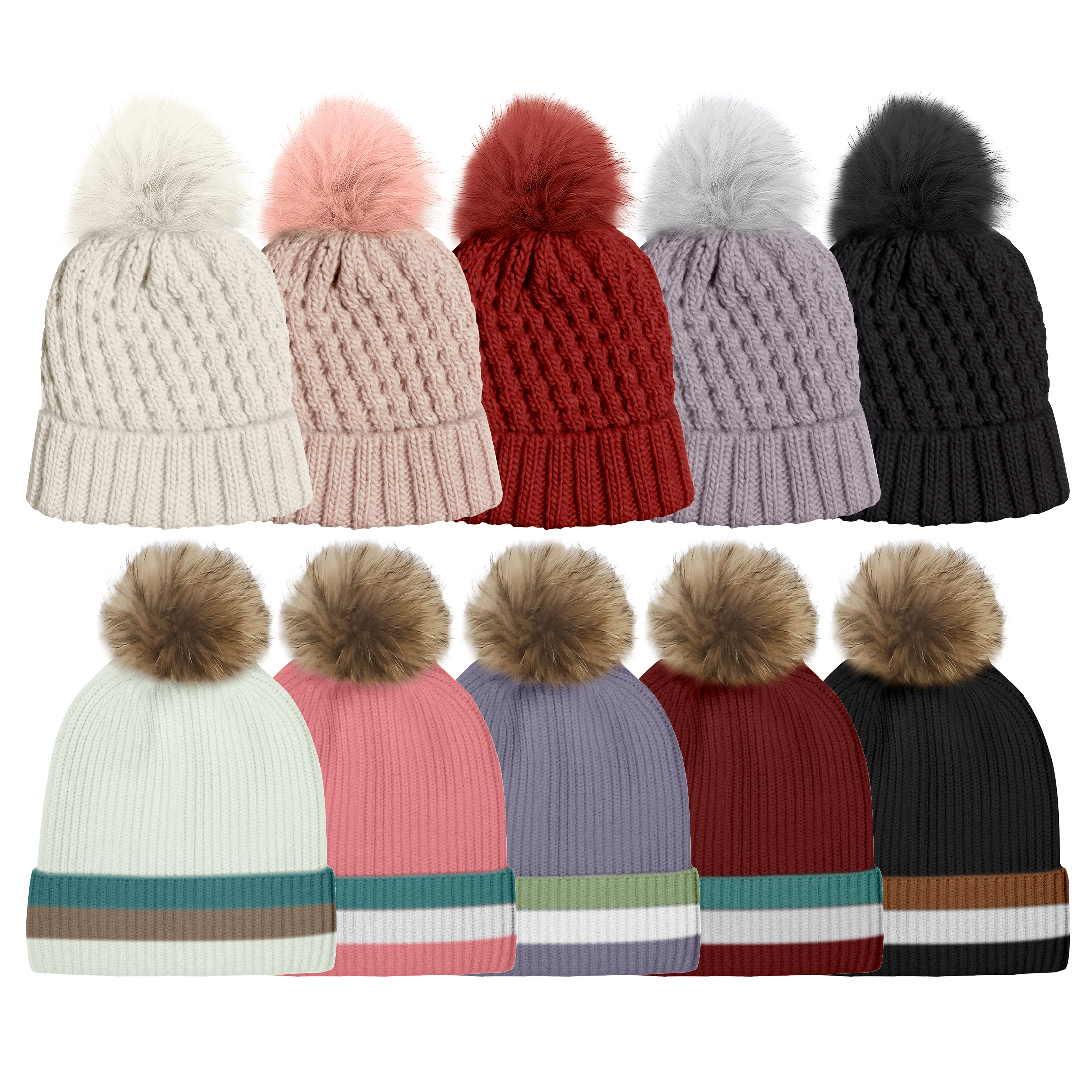 Women's Solid Warm Knit Stripe Cap Pom Pom Hat W/ Faux Fur Lining - Solid