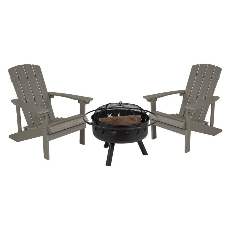 3 Piece Charlestown Gray Poly Resin Wood Adirondack Chair Set With Fire Pit - Star And Moon Fire Pit With Mesh Cover