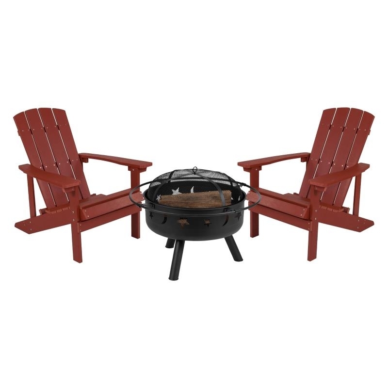 3 Piece Charlestown Red Poly Resin Wood Adirondack Chair Set With Fire Pit - Star And Moon Fire Pit With Mesh Cover
