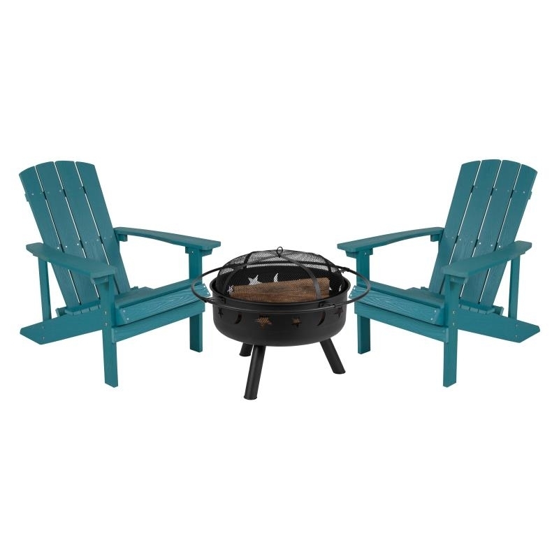 3 Piece Charlestown Sea Foam Poly Resin Wood Adirondack Chair Set With Fire Pit - Star And Moon Fire Pit With Mesh Cover