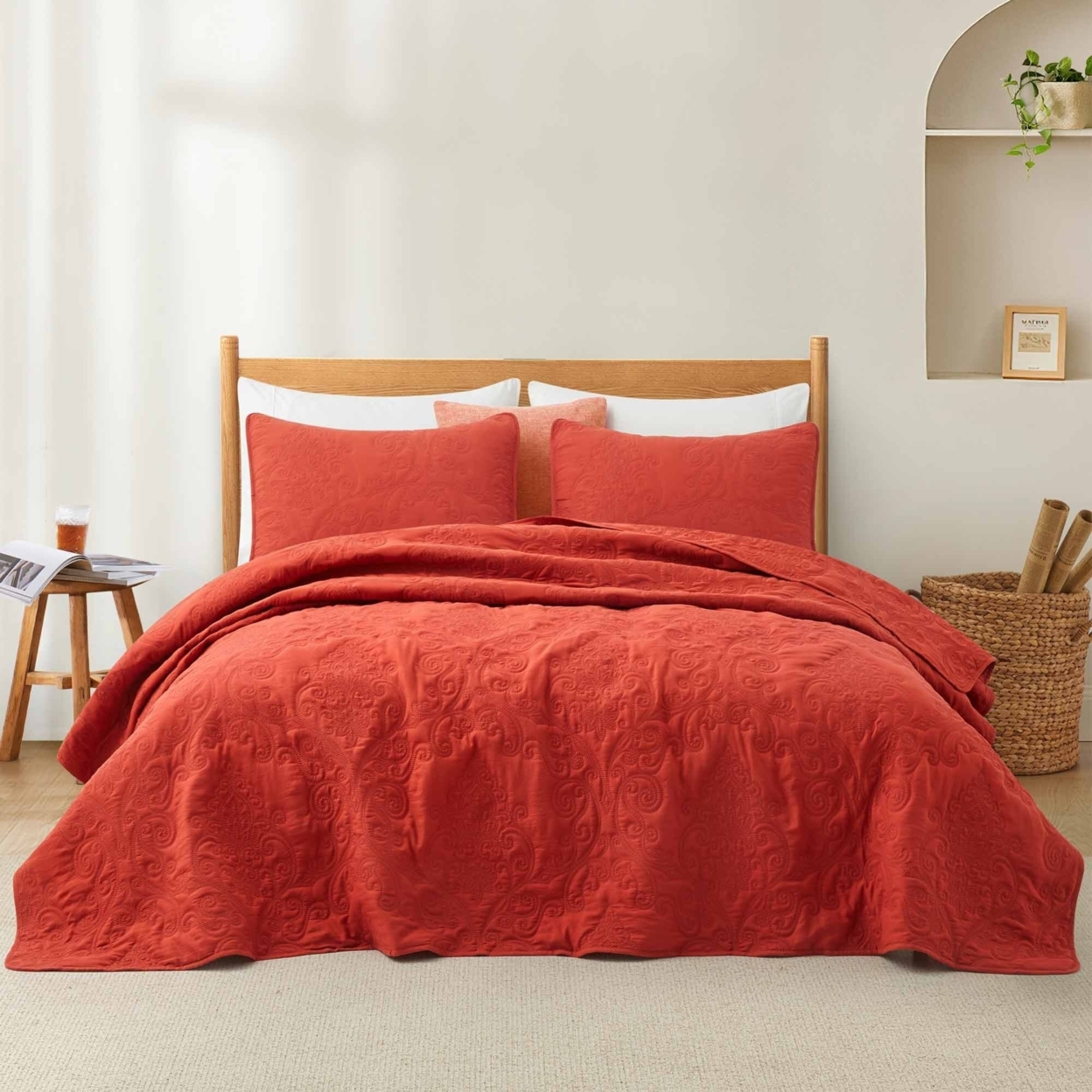 3 Piece Coverlet Set Lightweight Quilt Set With Shams - Red, Twin