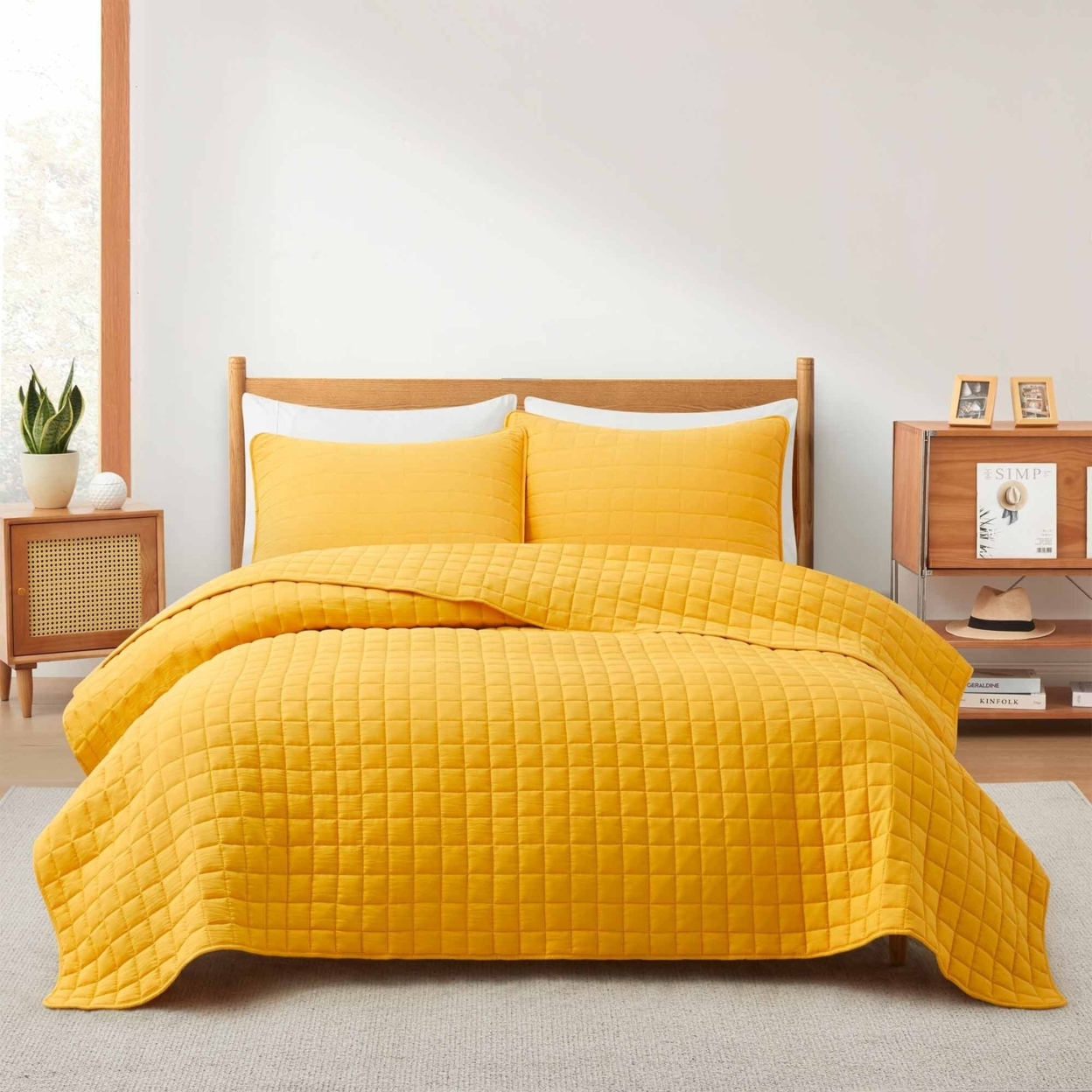 3 Piece Coverlet Set Lightweight Quilt Set With Shams - Yellow, King