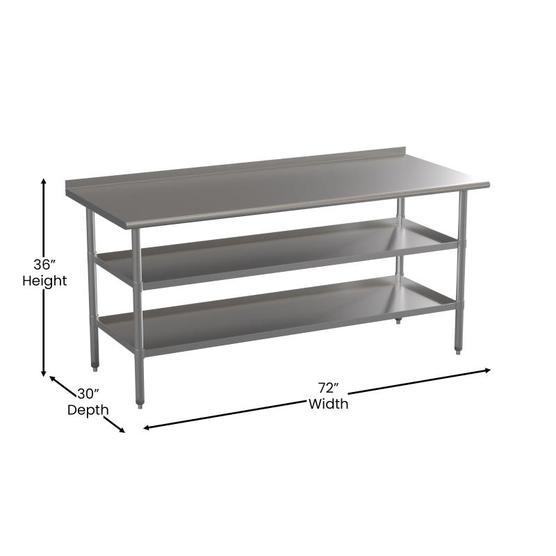 Stainless Steel 18 Gauge Work Table With 1.5 Backsplash And 2 Undershelves - 72W X 30D X 34.5H, NSF