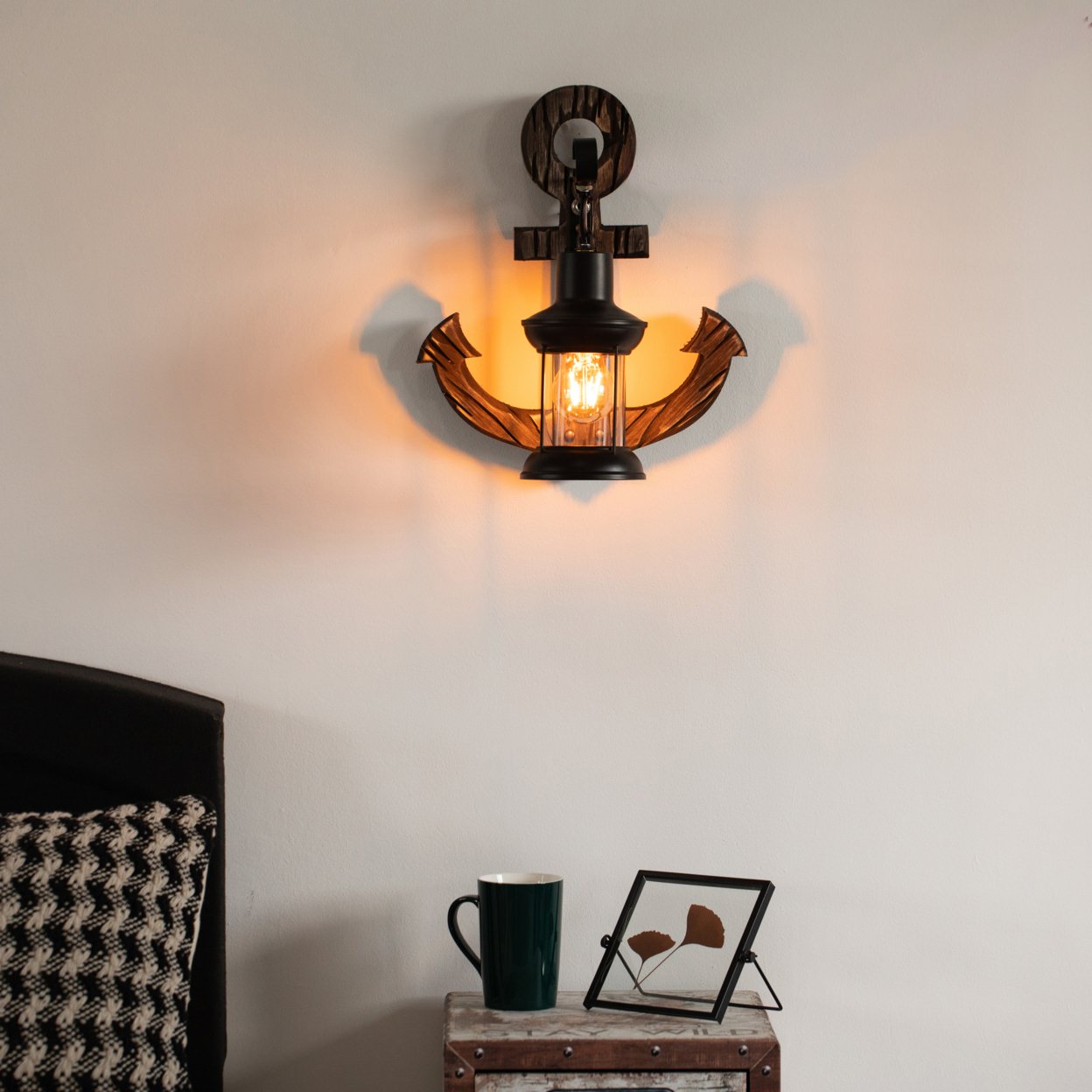 Vintage Industrial Anker Shape Wooden Wall Lamp, Wall Sconce Light Home, Restaurant or Bar