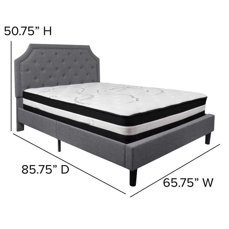 Brighton Queen Size Tufted Upholstered Platform Bed In Light Gray Fabric With Pocket Spring Mattress