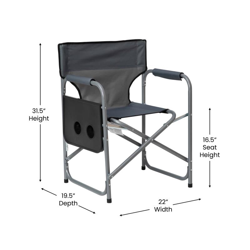 Folding Gray Director'S Camping Chair With Side Table And Cup Holder Portable Indooroutdoor Steel Framed Sports Chair