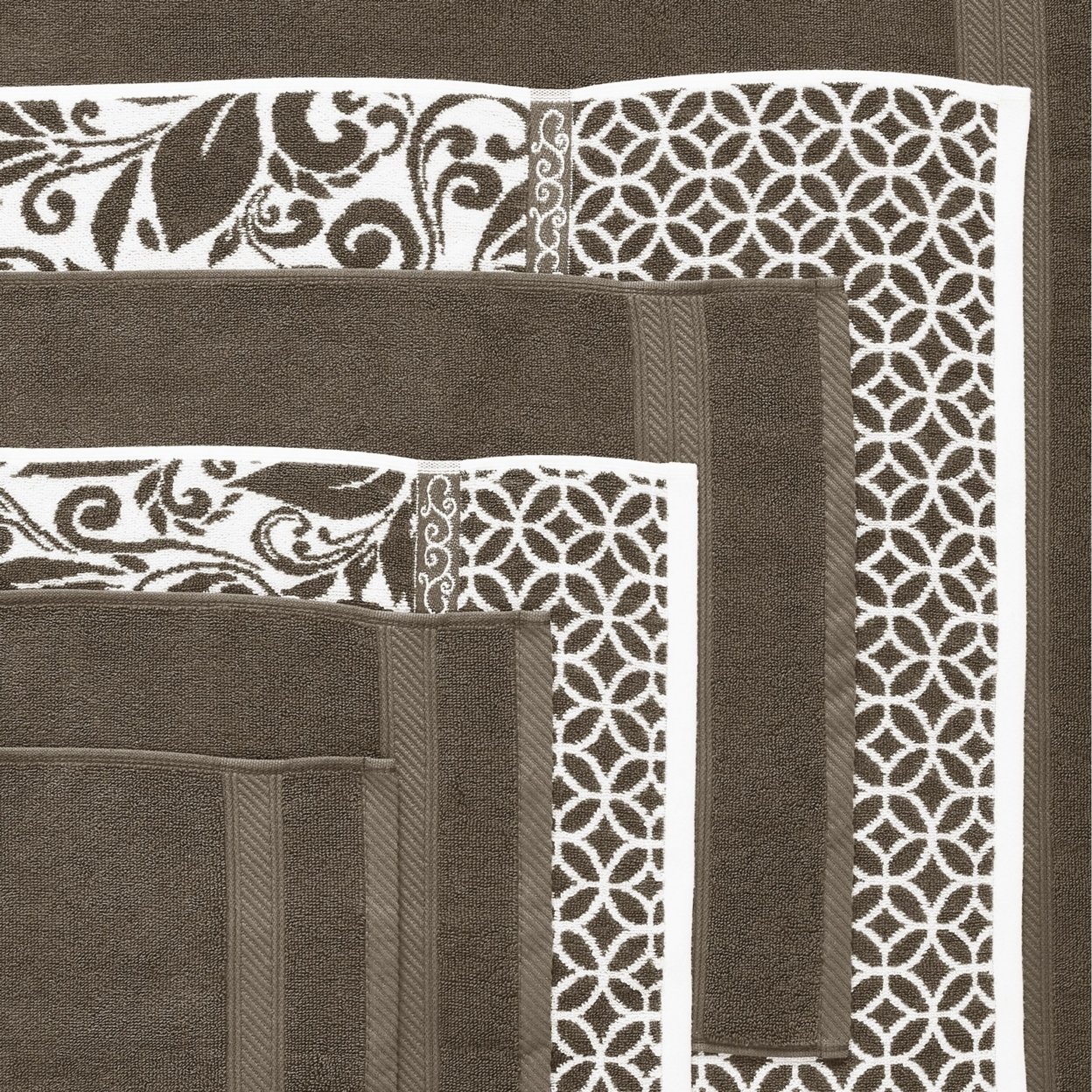 Bev Modern 6 Piece Cotton Towel Set, Jacquard Filigree Pattern, Taupe Brown- Saltoro Sherpi