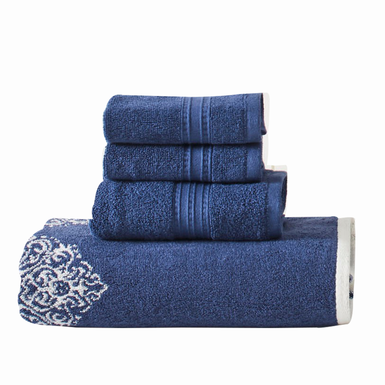 Eula Modern 6 Piece Cotton Towel Set, Stylish Damask Pattern, Deep Blue- Saltoro Sherpi