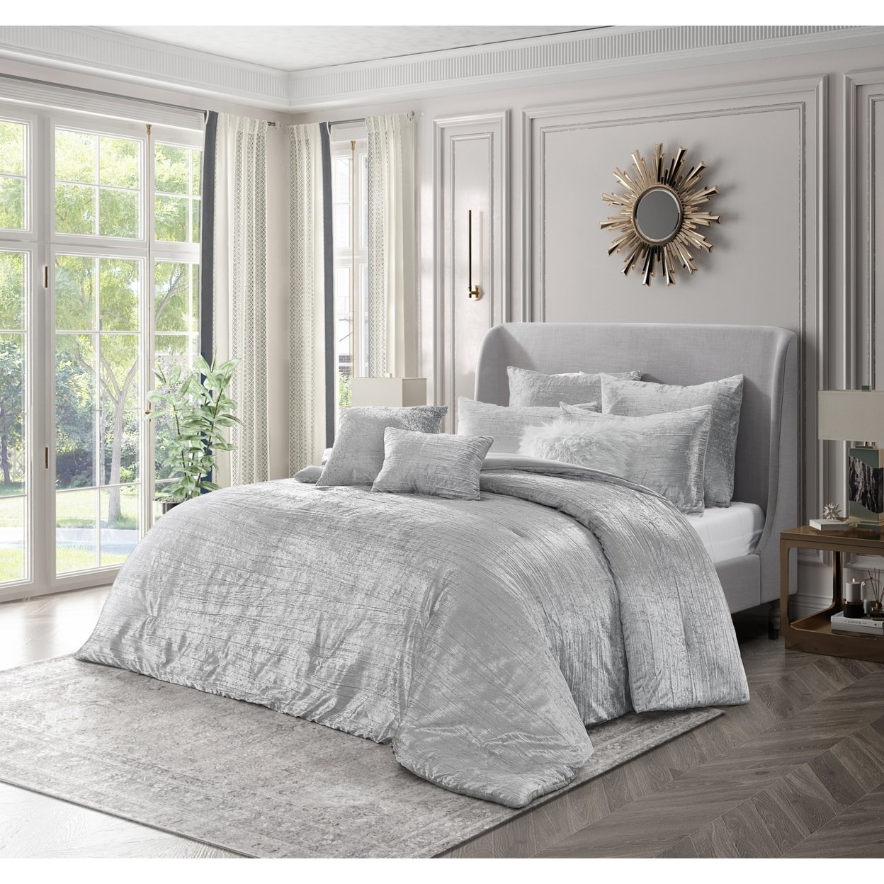 Abella Comforter Set -Crinkle Velvet , Soft and Shiny - silver, full/queen