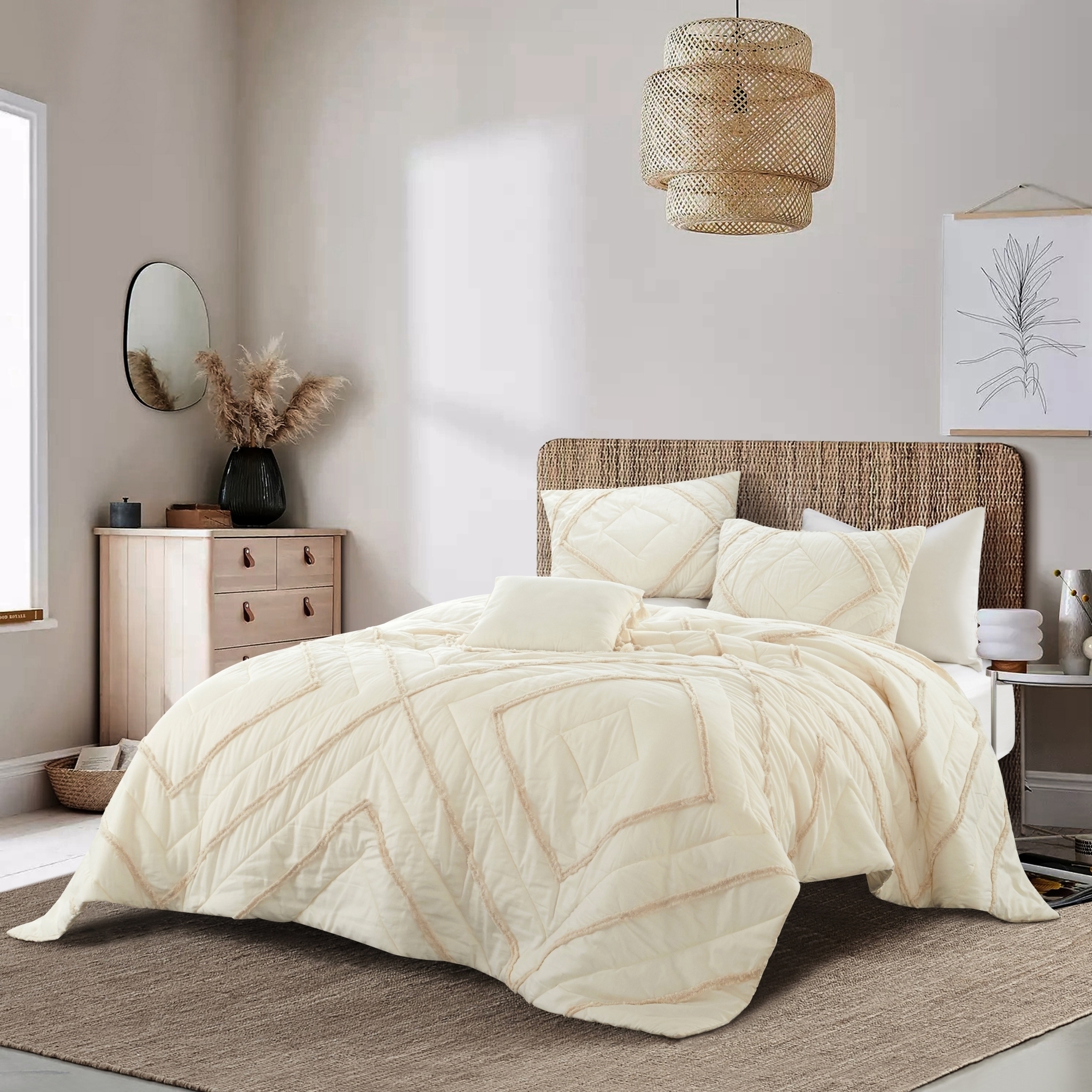 Adella Comforter Set - 2 Pillow Shams, 1 Comforter, 1 Decorative Pillow , Exceptionally Cozy , Diamond Tufted, Geometric Design - beige,