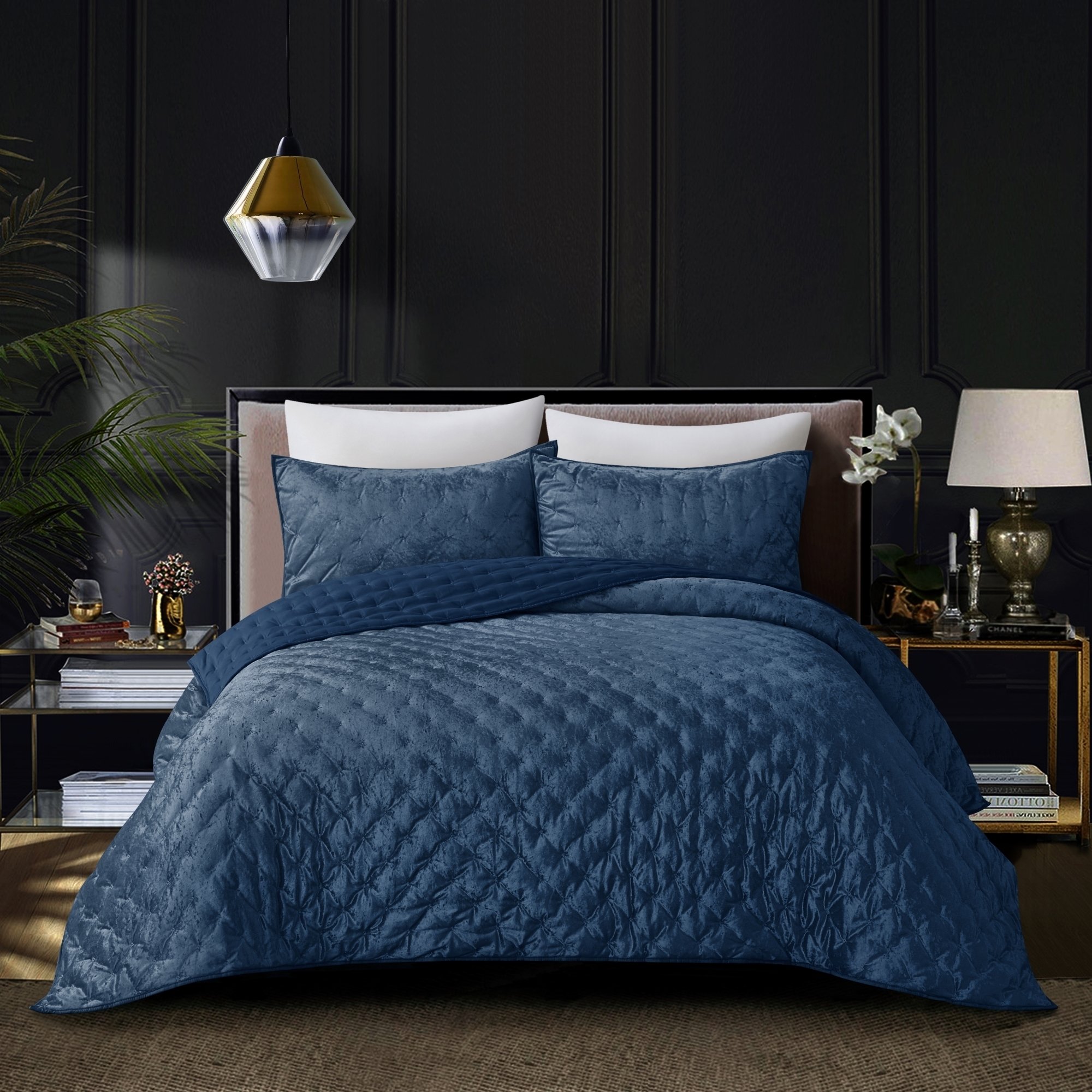 Meagan Comforter Set -Crushed Velvet , Soft And Shiny - Navy, Full/queen