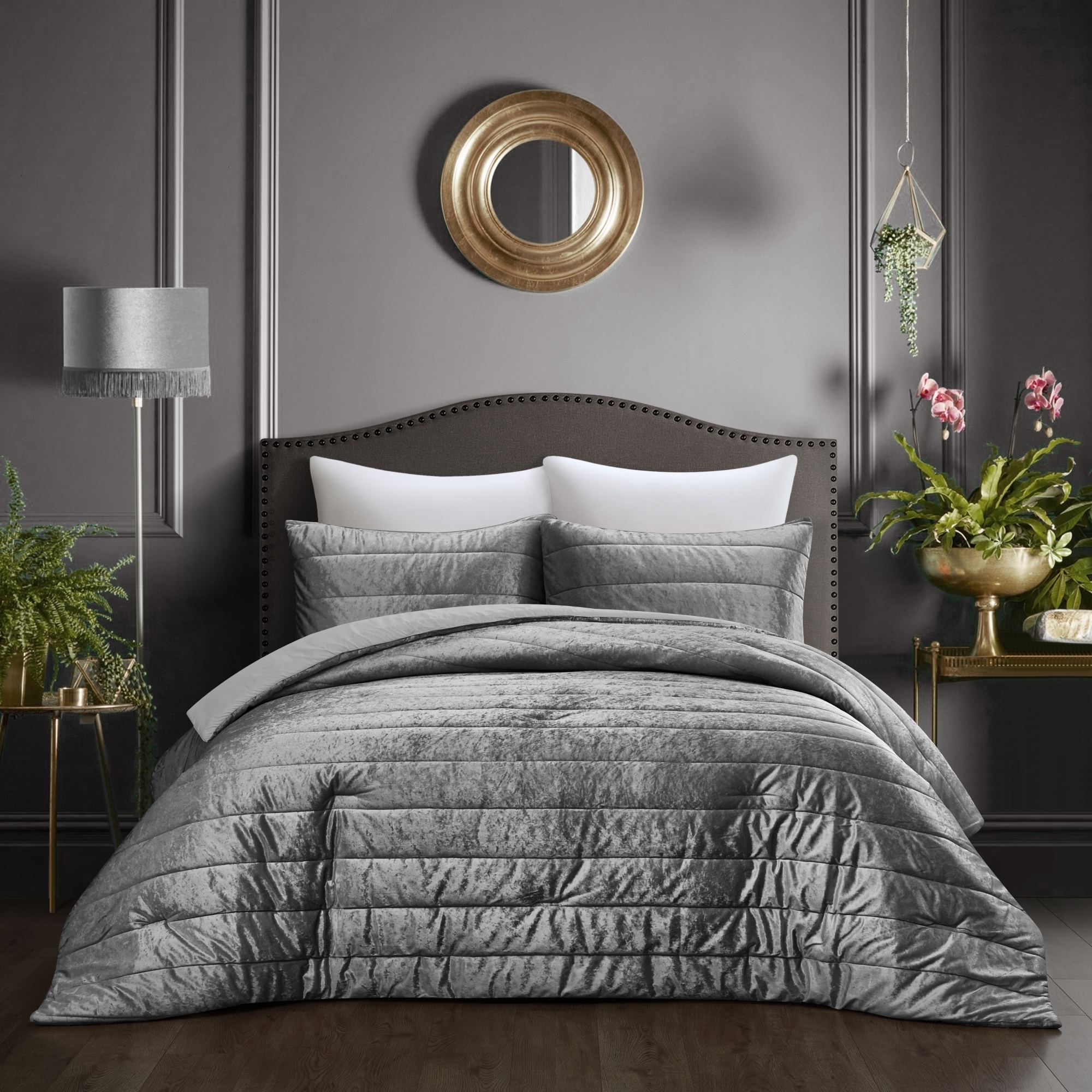 Nava Comforter Set -Crushed Velvet , Channel Tufted - Grey, Full/queen