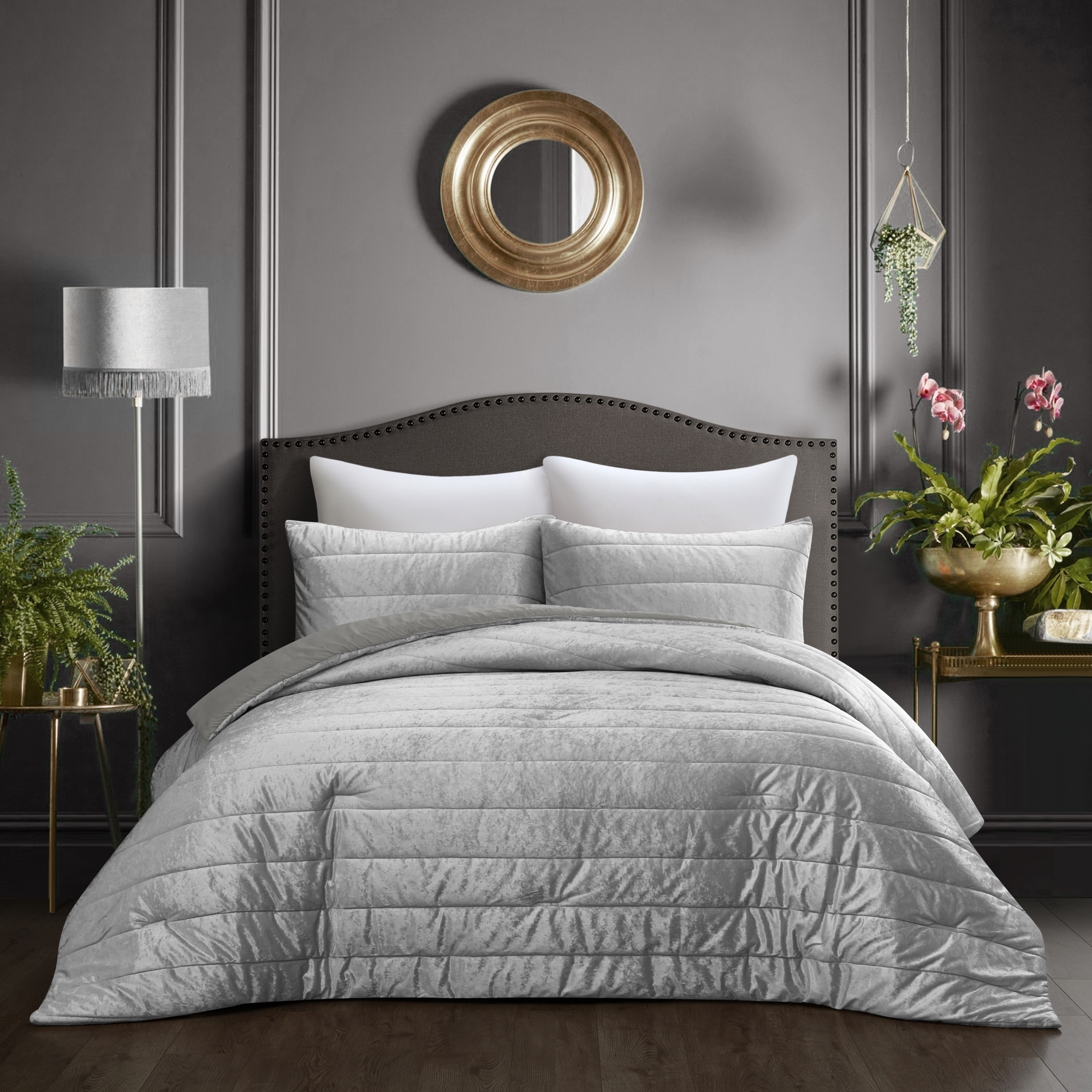 Nava Comforter Set -Crushed Velvet , Channel Tufted - Silver, Twin/twin Xl