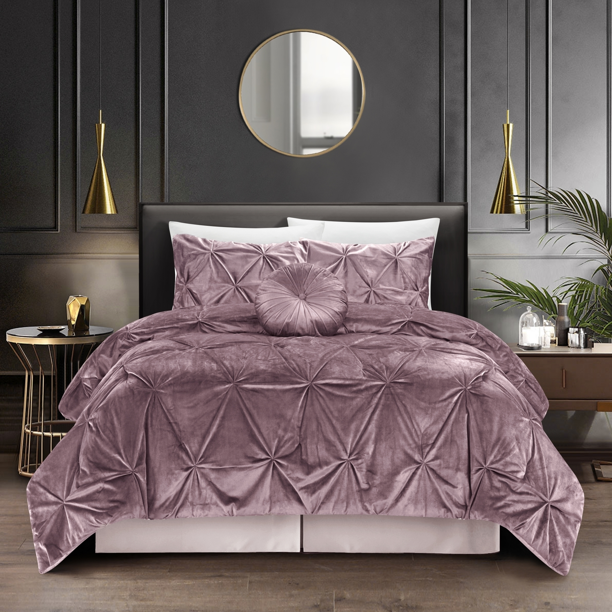 Nilah 5Pc Comforter Set -Shiny Velvet , Pinch Pleated Pintuck - Blush, Full/queen