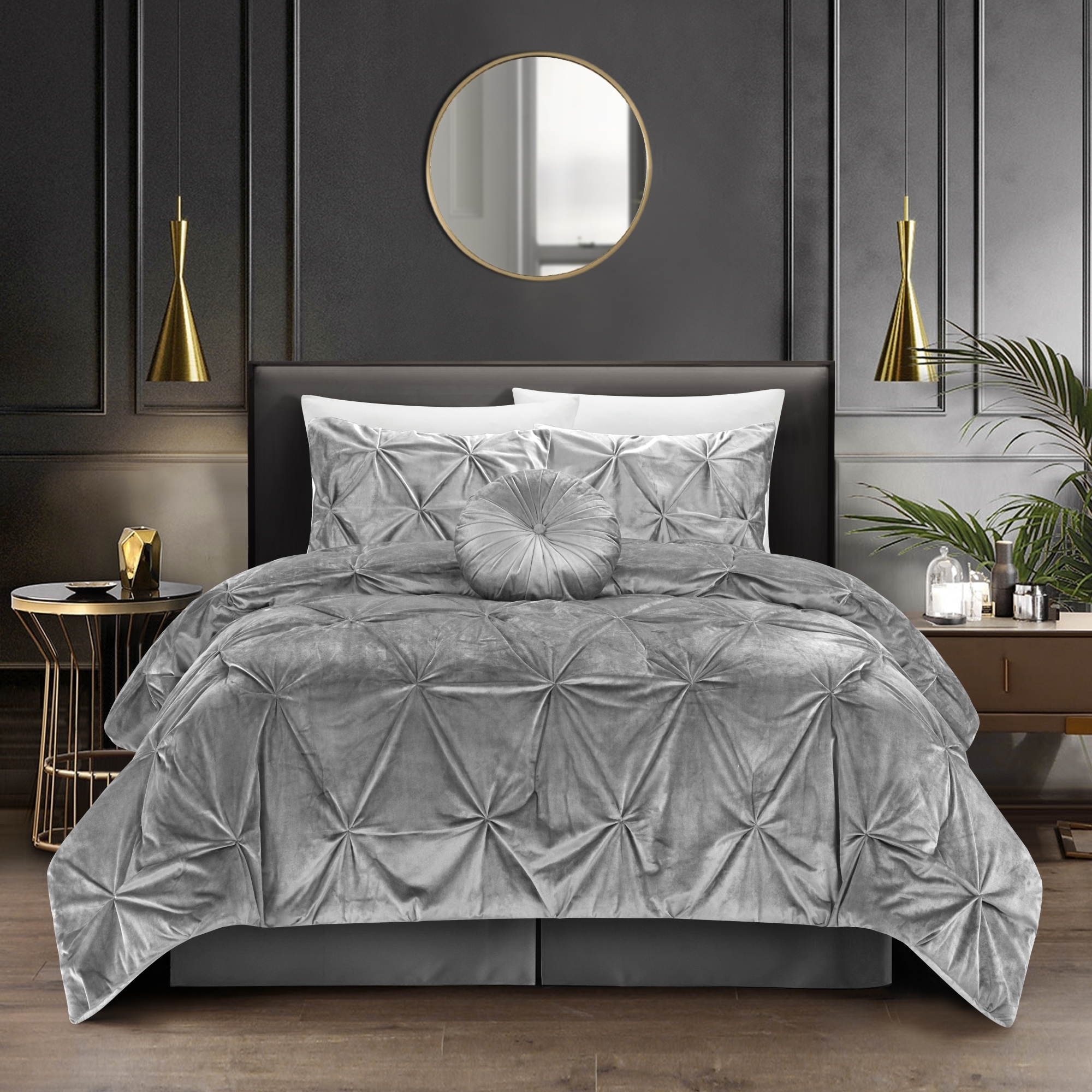Nilah 5Pc Comforter Set -Shiny Velvet , Pinch Pleated Pintuck - Grey, Full/queen