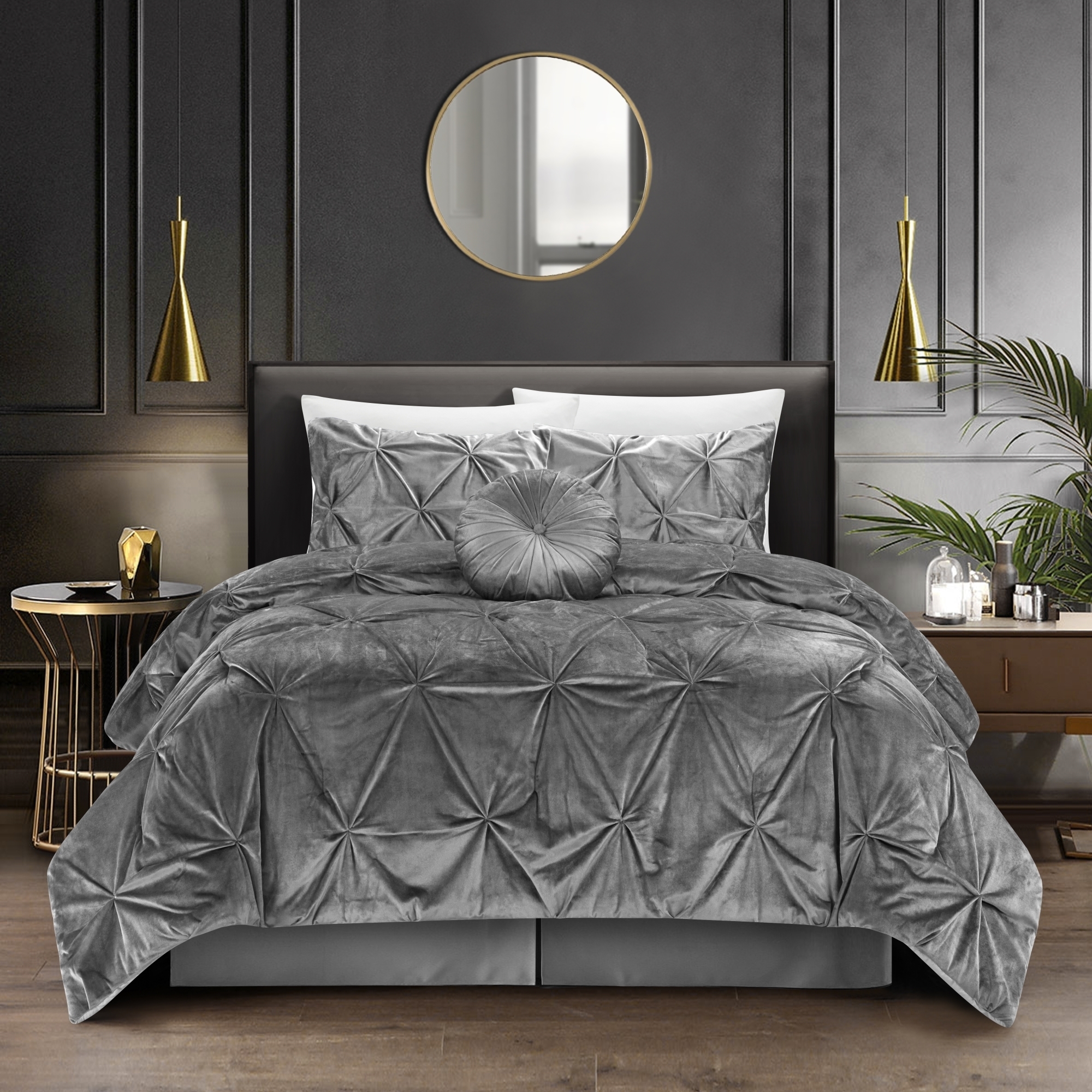 Nilah 5Pc Comforter Set -Shiny Velvet , Pinch Pleated Pintuck - Silver, Full/queen