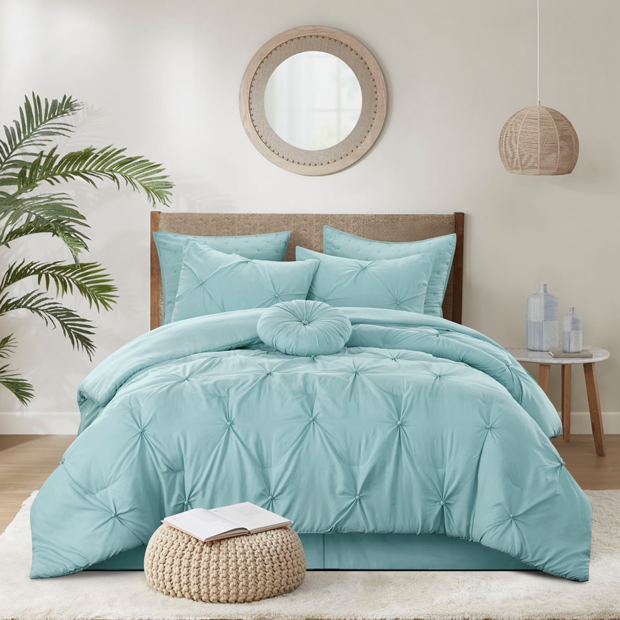 Baylie Comforter Set -Pinch Pleated Pintuck , Solid Neutral Color - blue, full/queen
