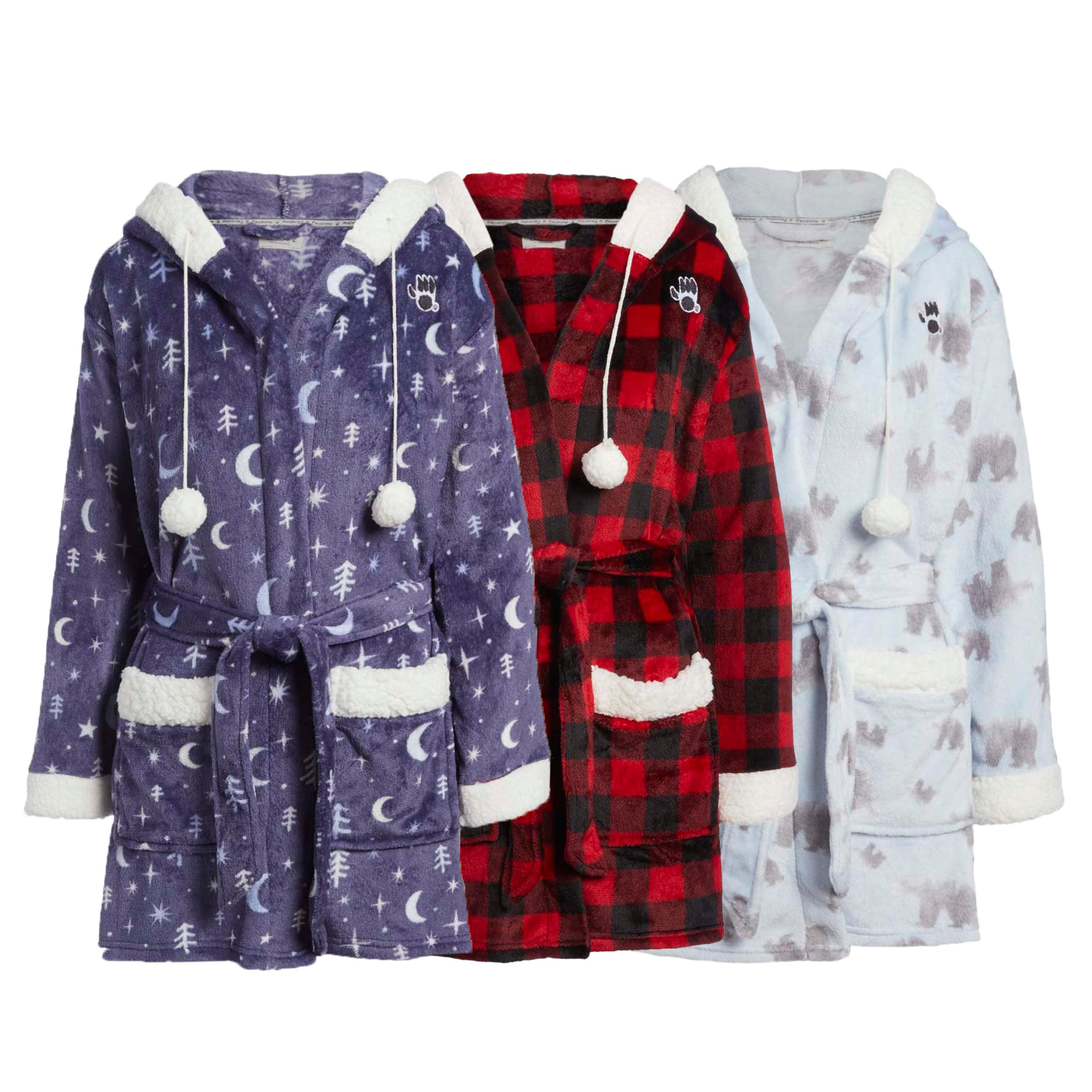 2-Pack: Women's Soft Plush Sherpa Lined Trim Print Robe With Pockets And Hood - Large