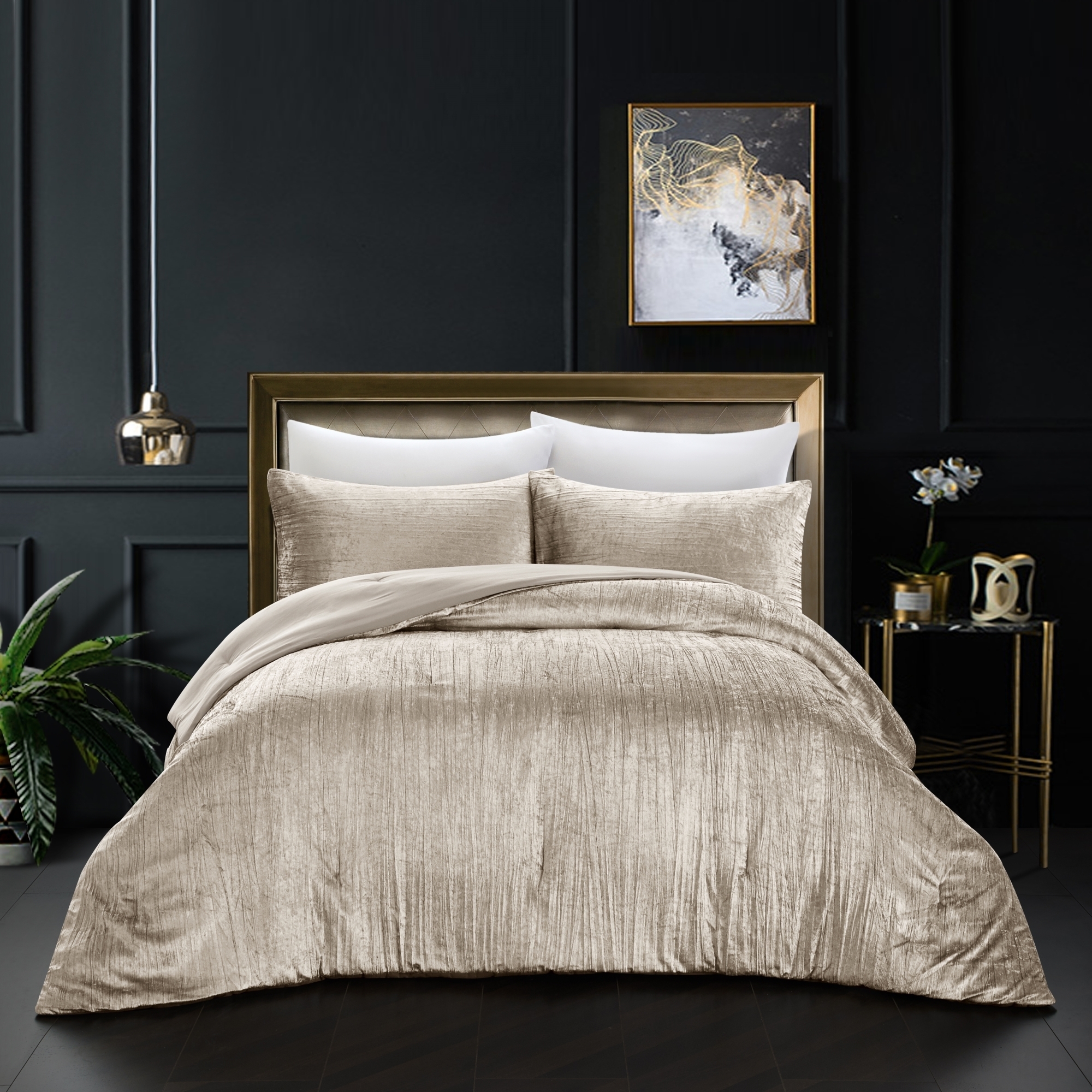 Aashvi Comforter Set -Crinkle Velvet , Luxuriously Shiny - beige, king/california king