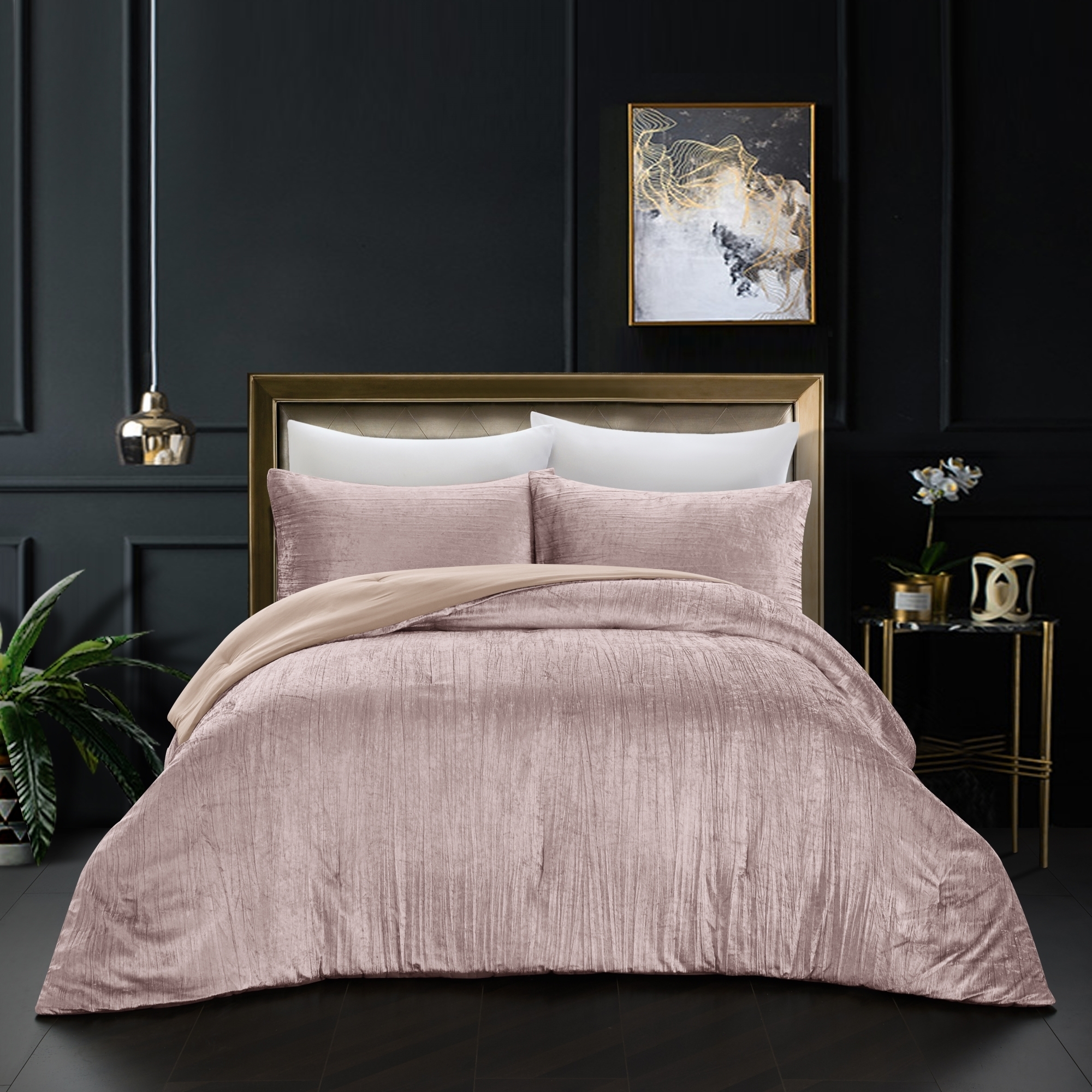 Aashvi Comforter Set -Crinkle Velvet , Luxuriously Shiny - blush, king/california king