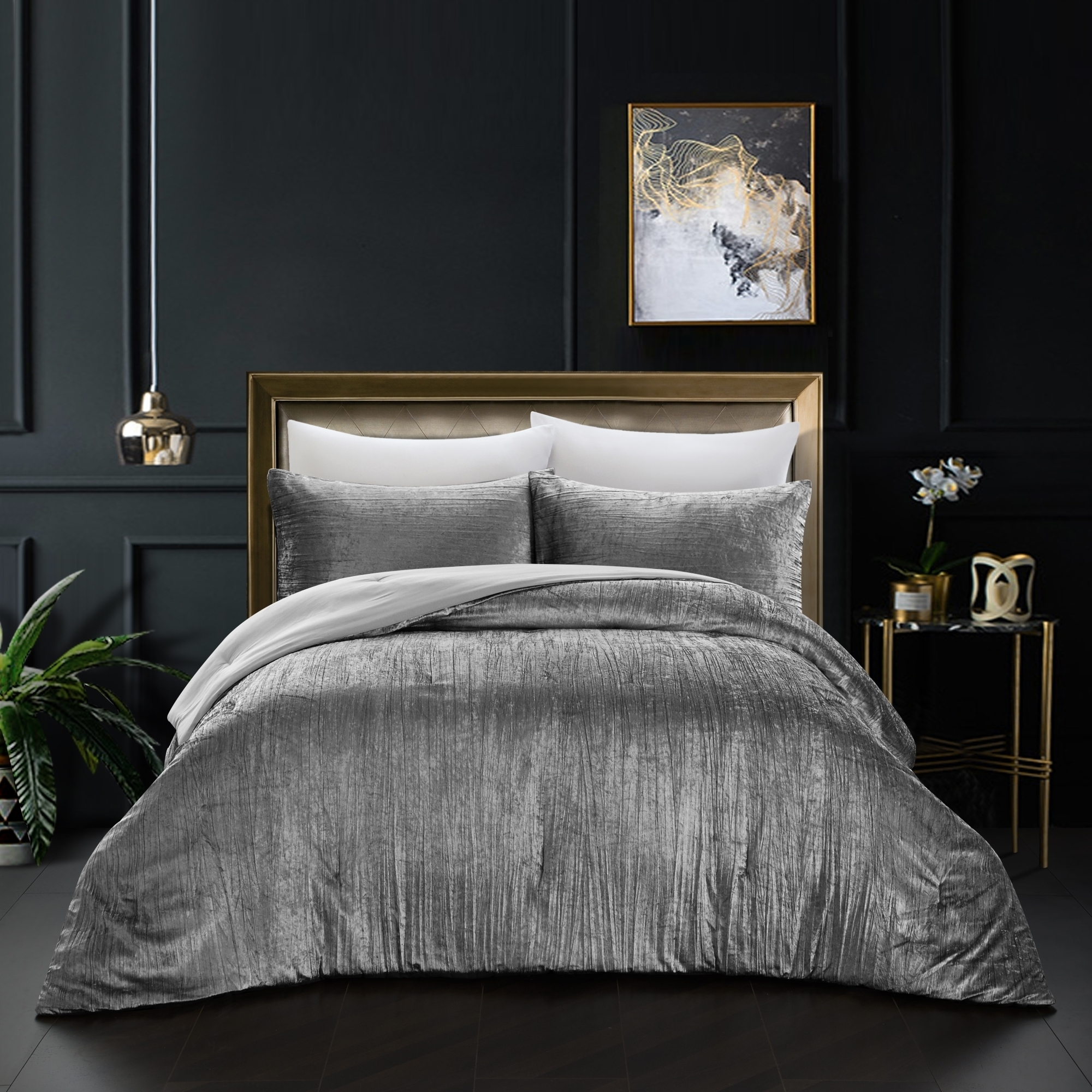 Aashvi Comforter Set -Crinkle Velvet , Luxuriously Shiny - dark gray, full/queen - full/queen grey
