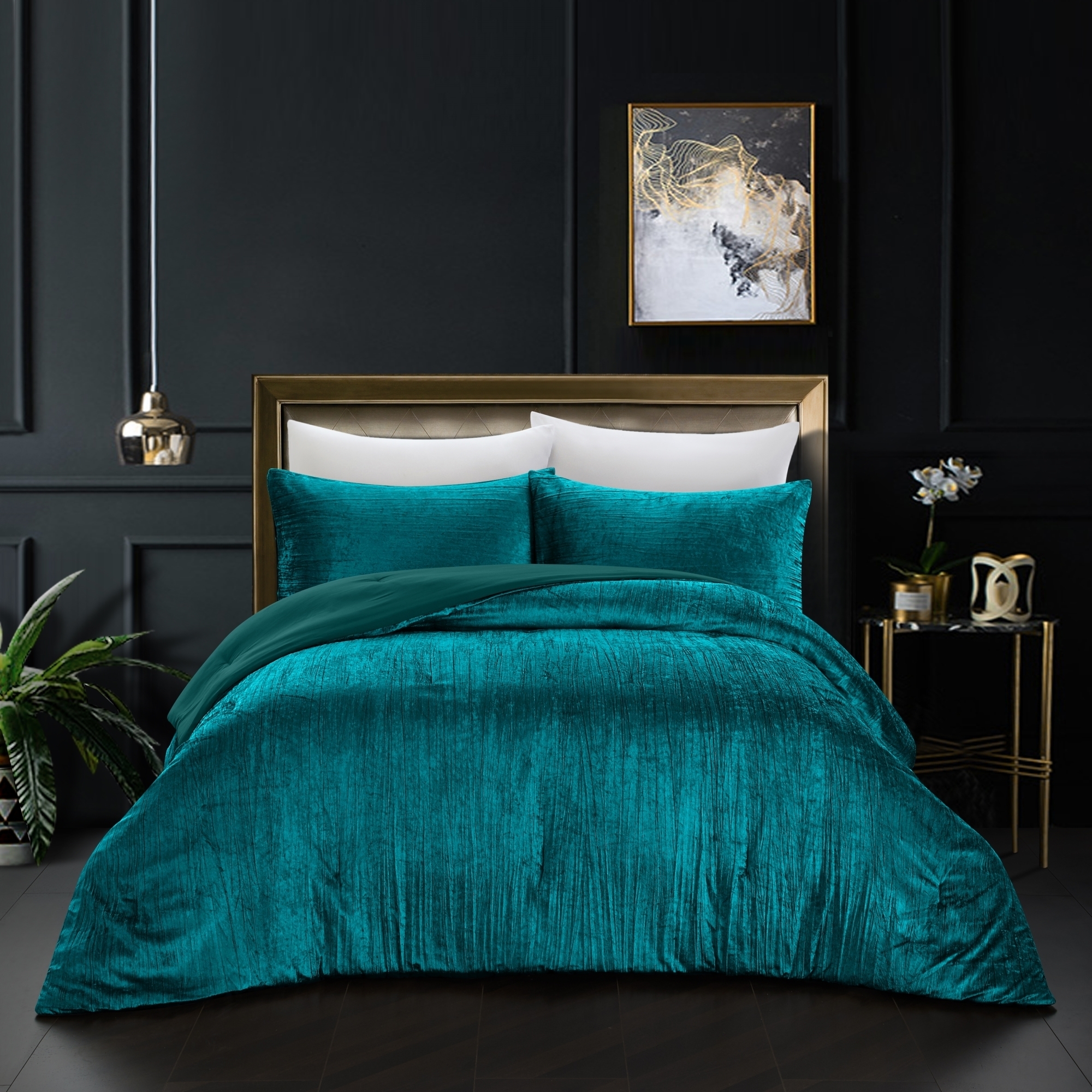 Aashvi Comforter Set -Crinkle Velvet , Luxuriously Shiny - green, full/queen