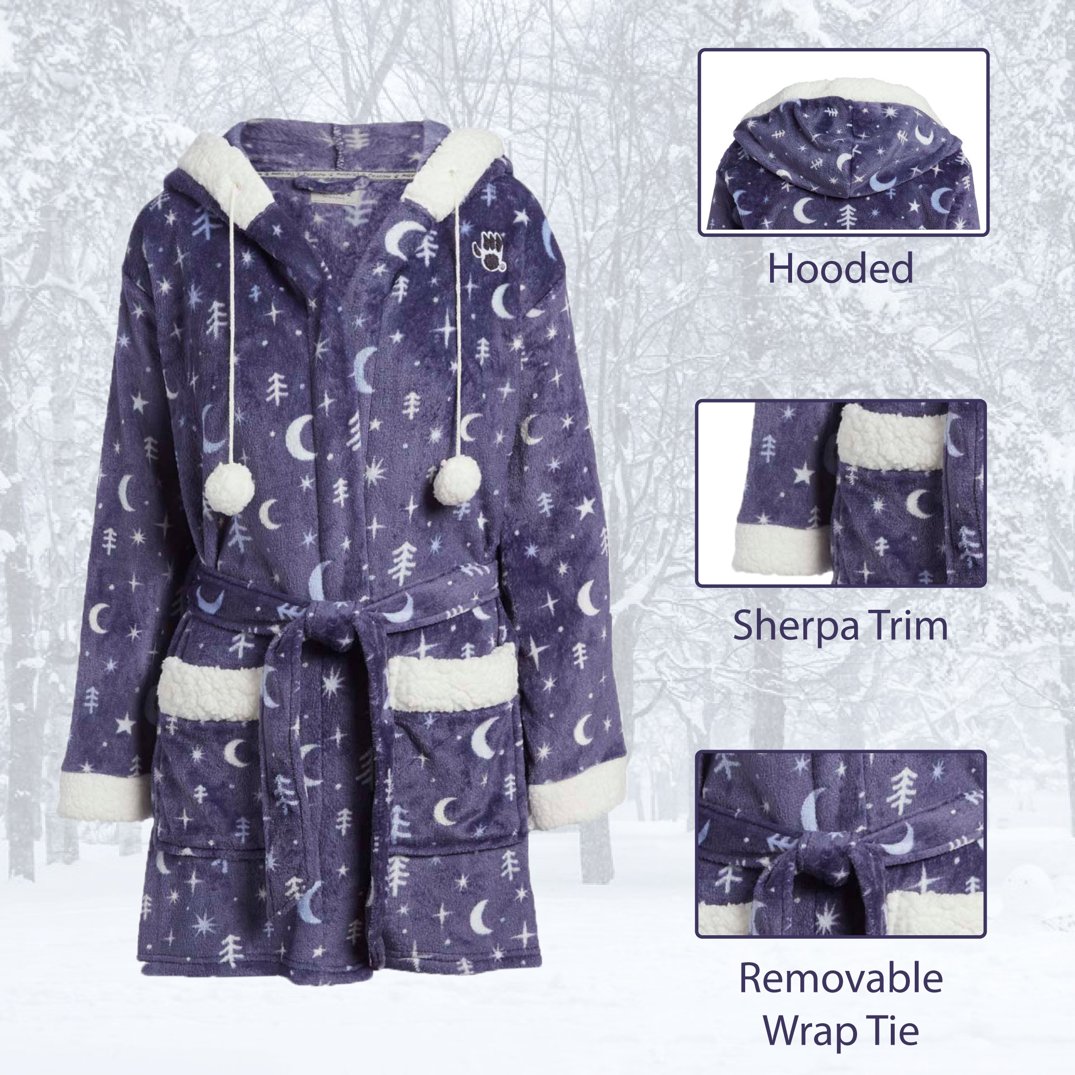 2-Pack: Women's Soft Plush Sherpa Lined Trim Print Robe With Pockets And Hood - Small