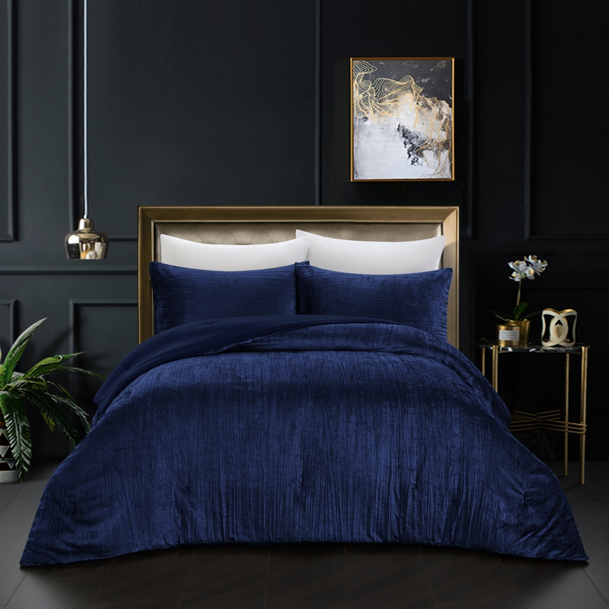 Aashvi Comforter Set -Crinkle Velvet , Luxuriously Shiny - navy, king/california king - king/california king navy blue