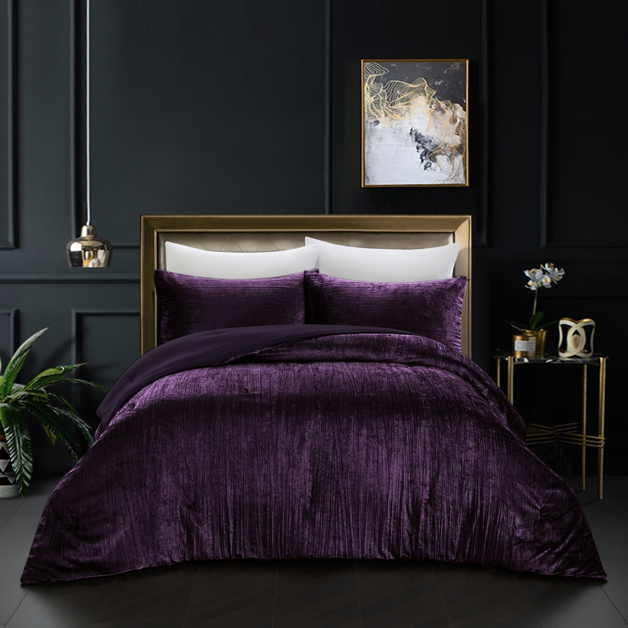 Aashvi Comforter Set -Crinkle Velvet , Luxuriously Shiny - purple, full/queen
