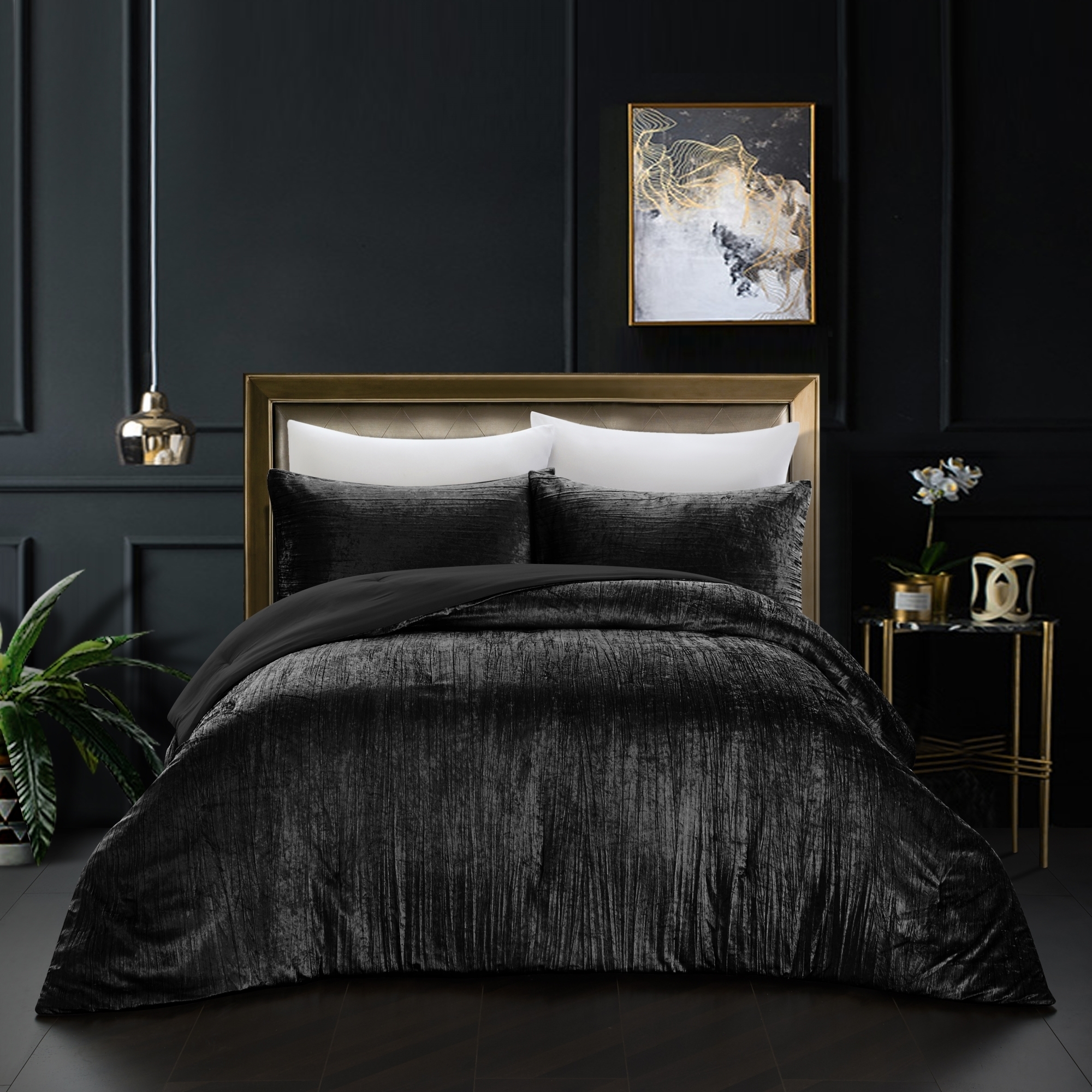 Aashvi Comforter Set -Crinkle Velvet , Luxuriously Shiny - black, king/california king