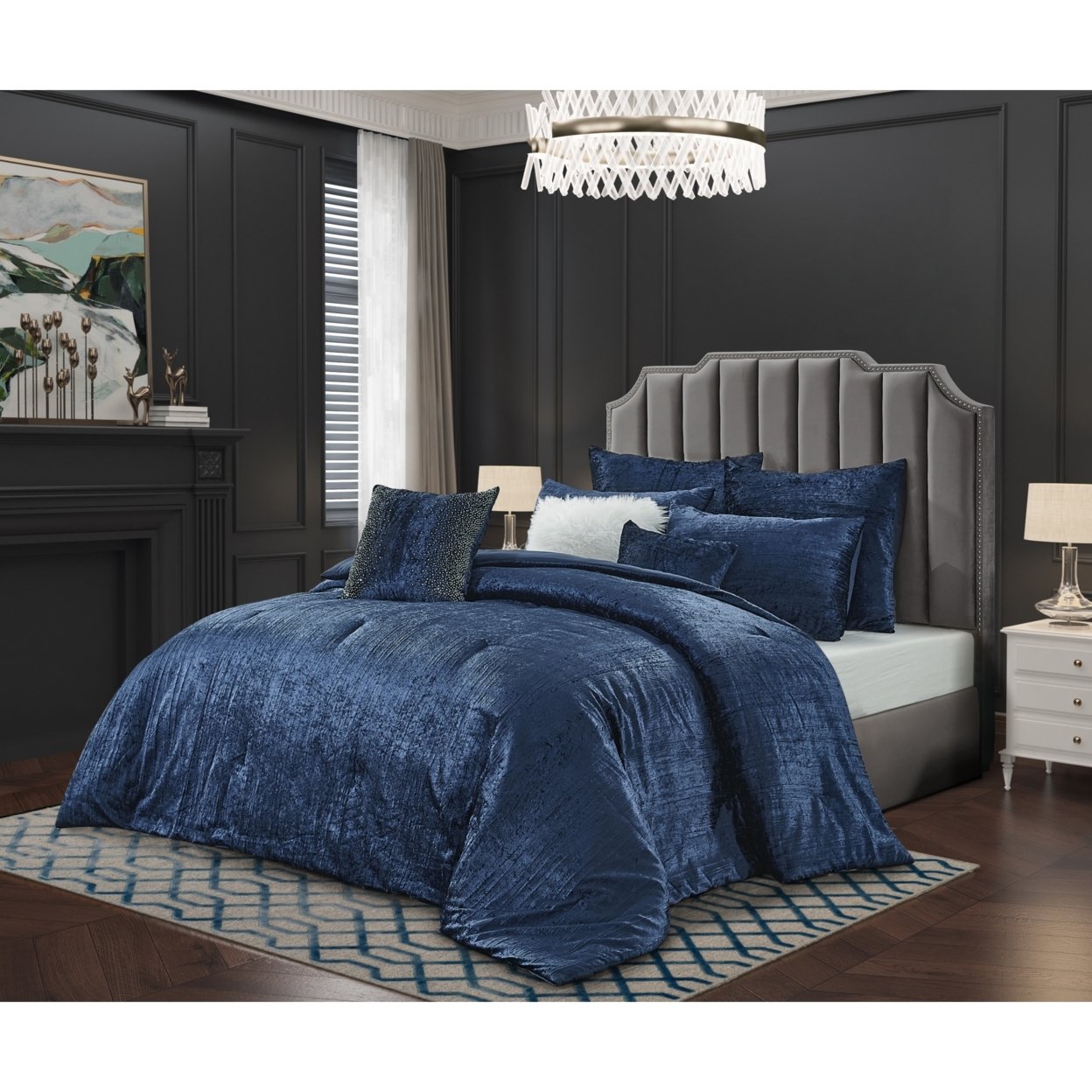 Abella Comforter Set -Crinkle Velvet , Soft and Shiny - navy, full/queen - full/queen navy blue