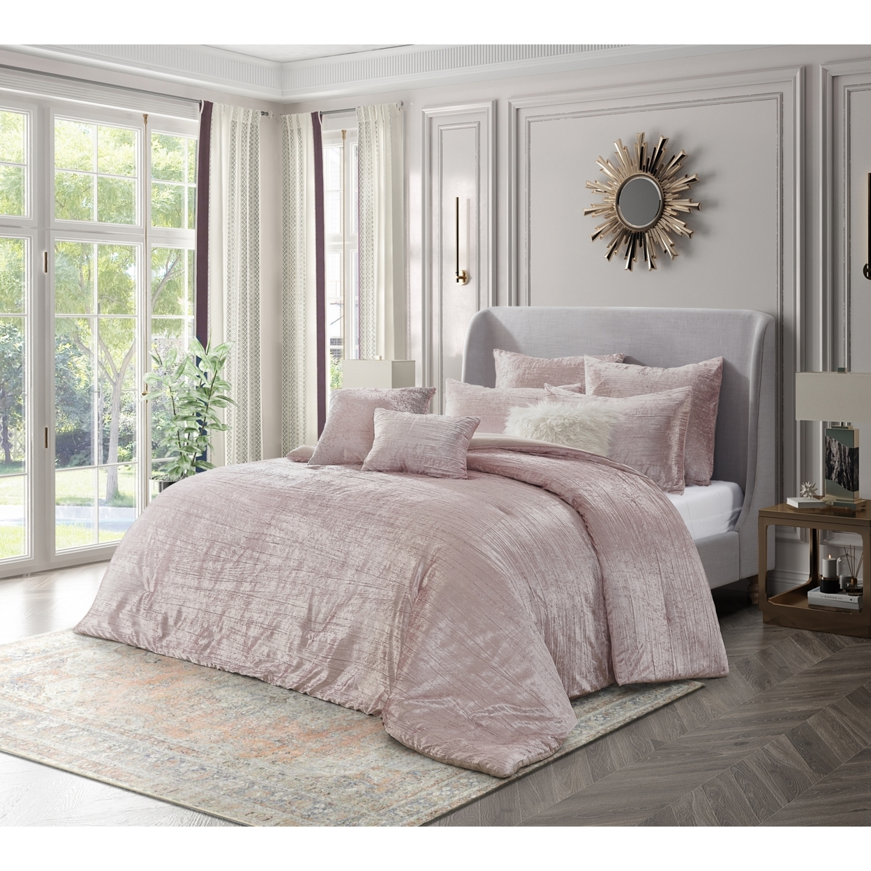 Abella Comforter Set -Crinkle Velvet , Soft and Shiny - blush, full/queen