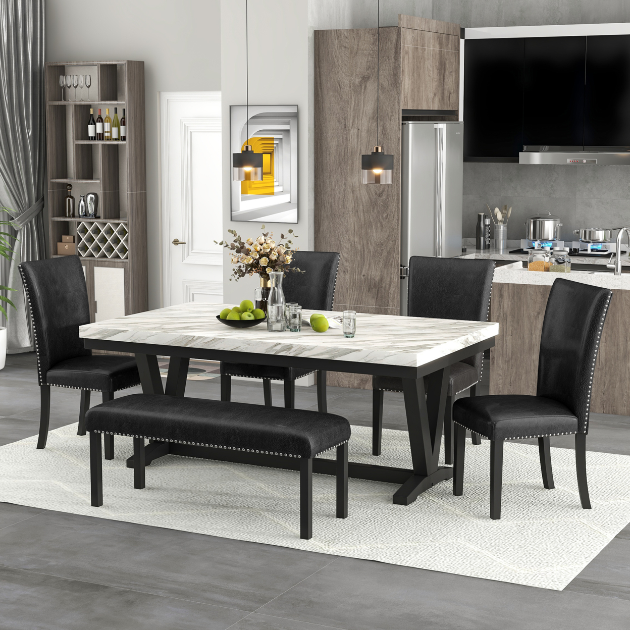 6-piece Dining Table Set with 1 Faux Marble Top Table,4 Upholstered Seats and 1 Bench