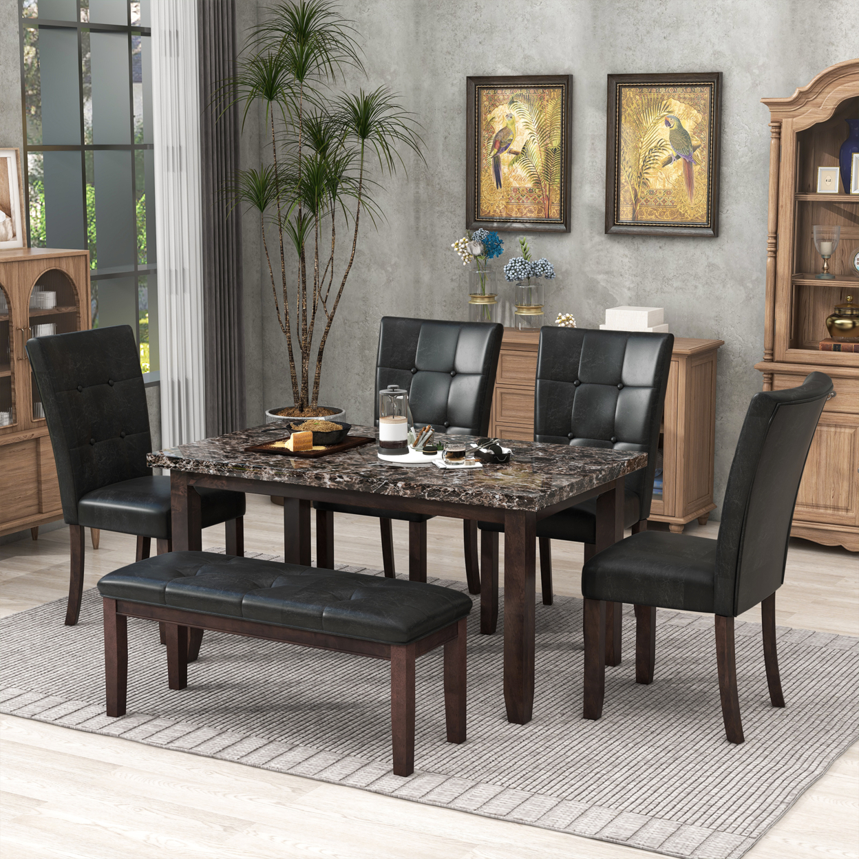 6-piece Faux Marble Dining Table Set with one Faux Marble Dining Table ,4 Chairs and 1 Bench, Black