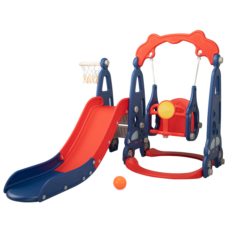 3 In 1 Slide and Swing Set with Basketball Hoop for 1-8 Years Old Children Indoor and Outdoor, Red & Blue