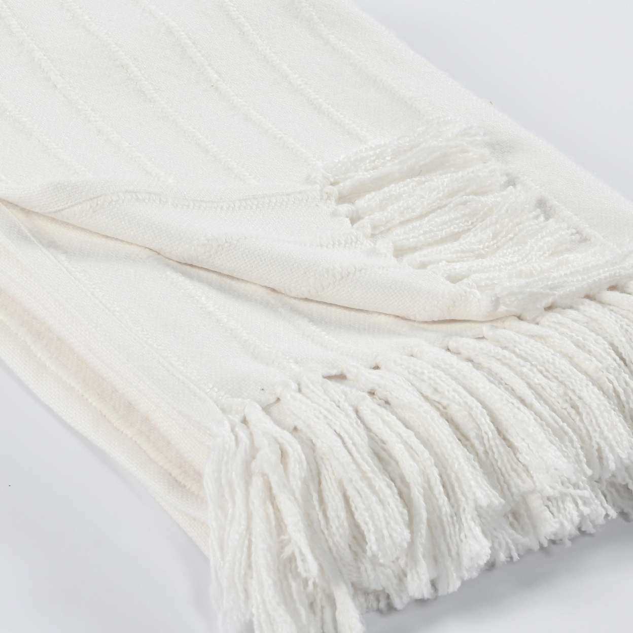Troy 50 Inch Ultra Soft Cotton Throw Blanket, Raised Striped Design, White- Saltoro Sherpi