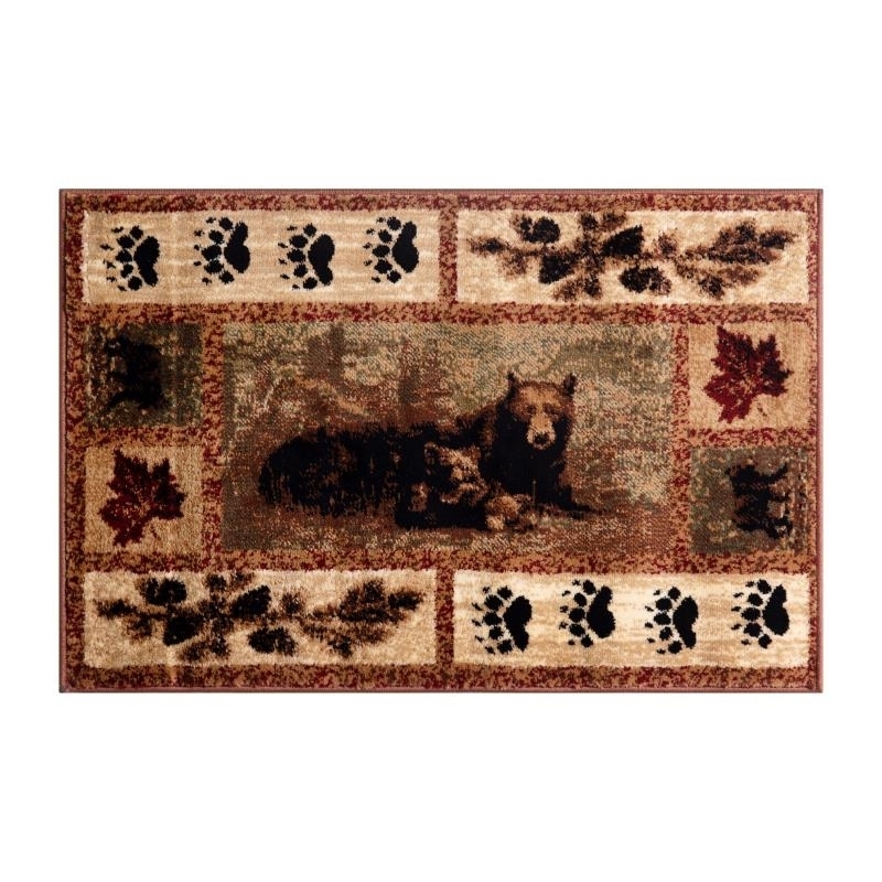 Vassa Collection 5' X 7' Mother Bear & Cubs Nature Themed Olefin Area Rug With Jute Backing For Entryway, Living Room, Bedroom