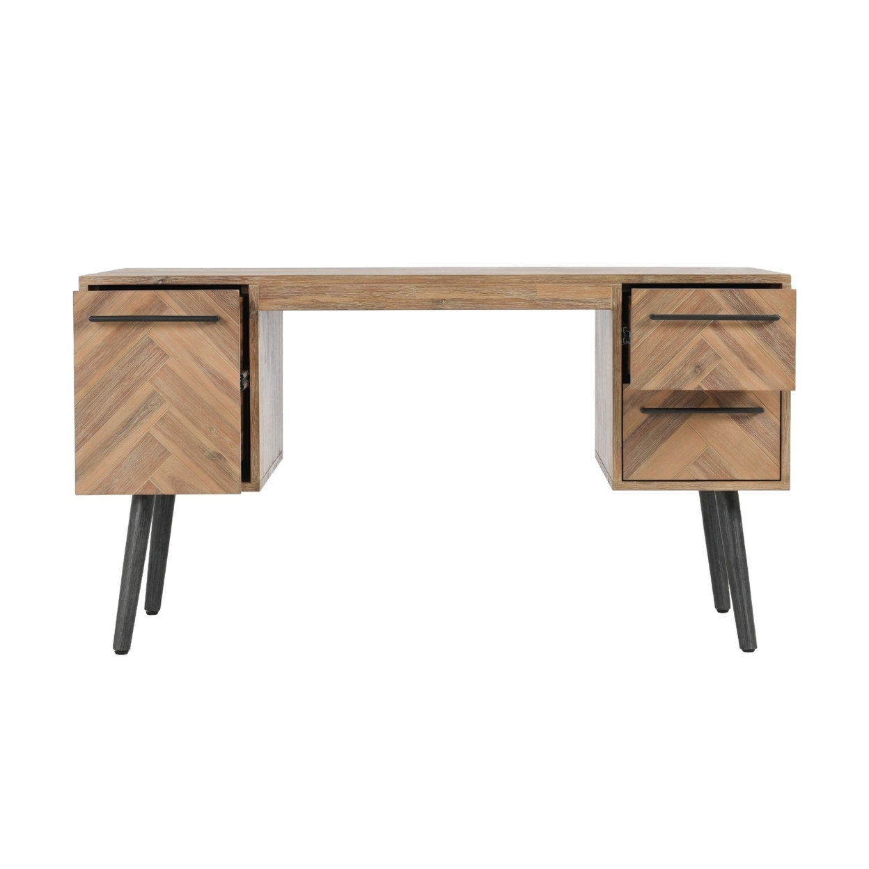 55 Inch Solid Oak Wood Desk Office Table, 3 Drawers, Herringbone, Brown- Saltoro Sherpi