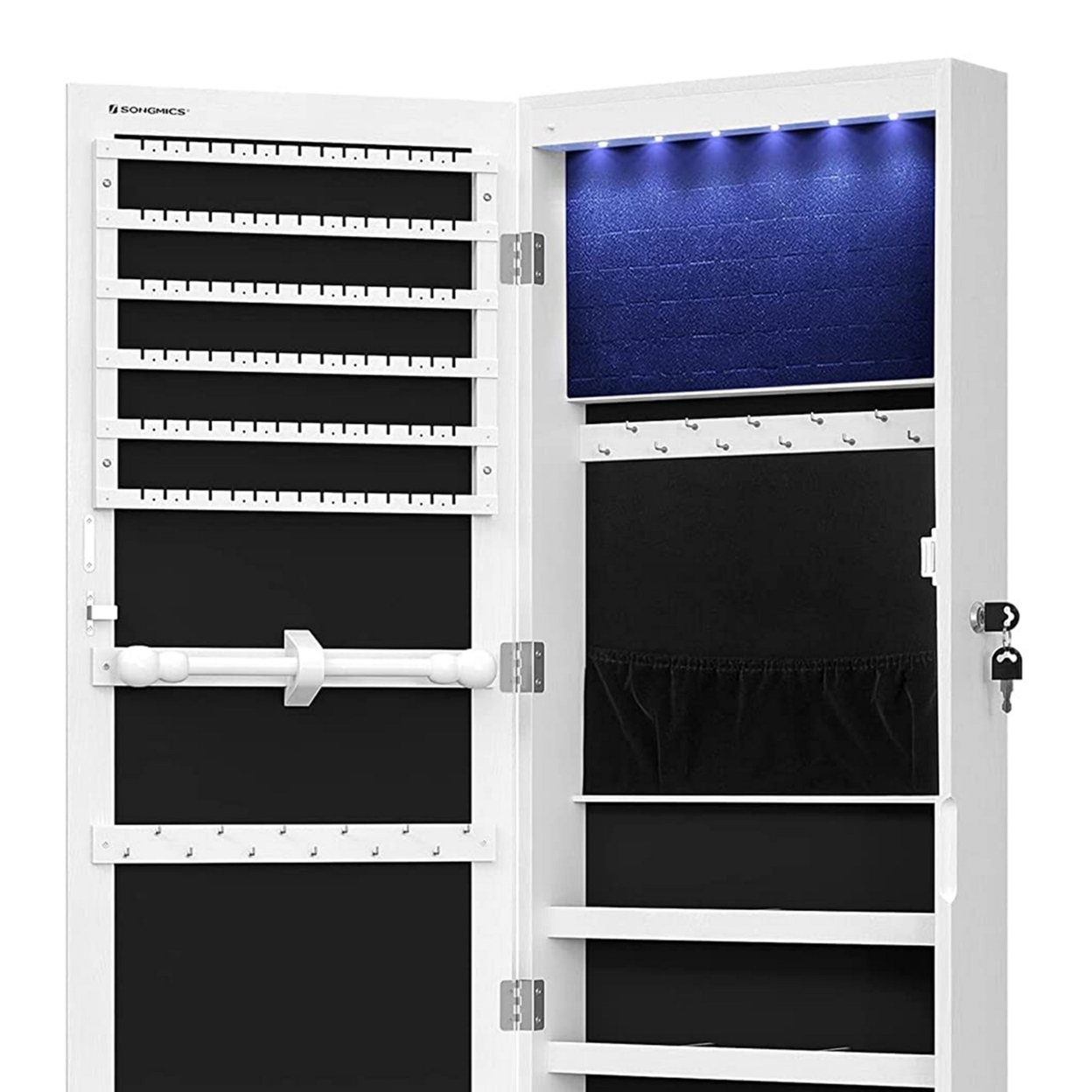 Max 47 Inch Wood Jewelry Cabinet, Mirrored Door, LED Lights, White- Saltoro Sherpi